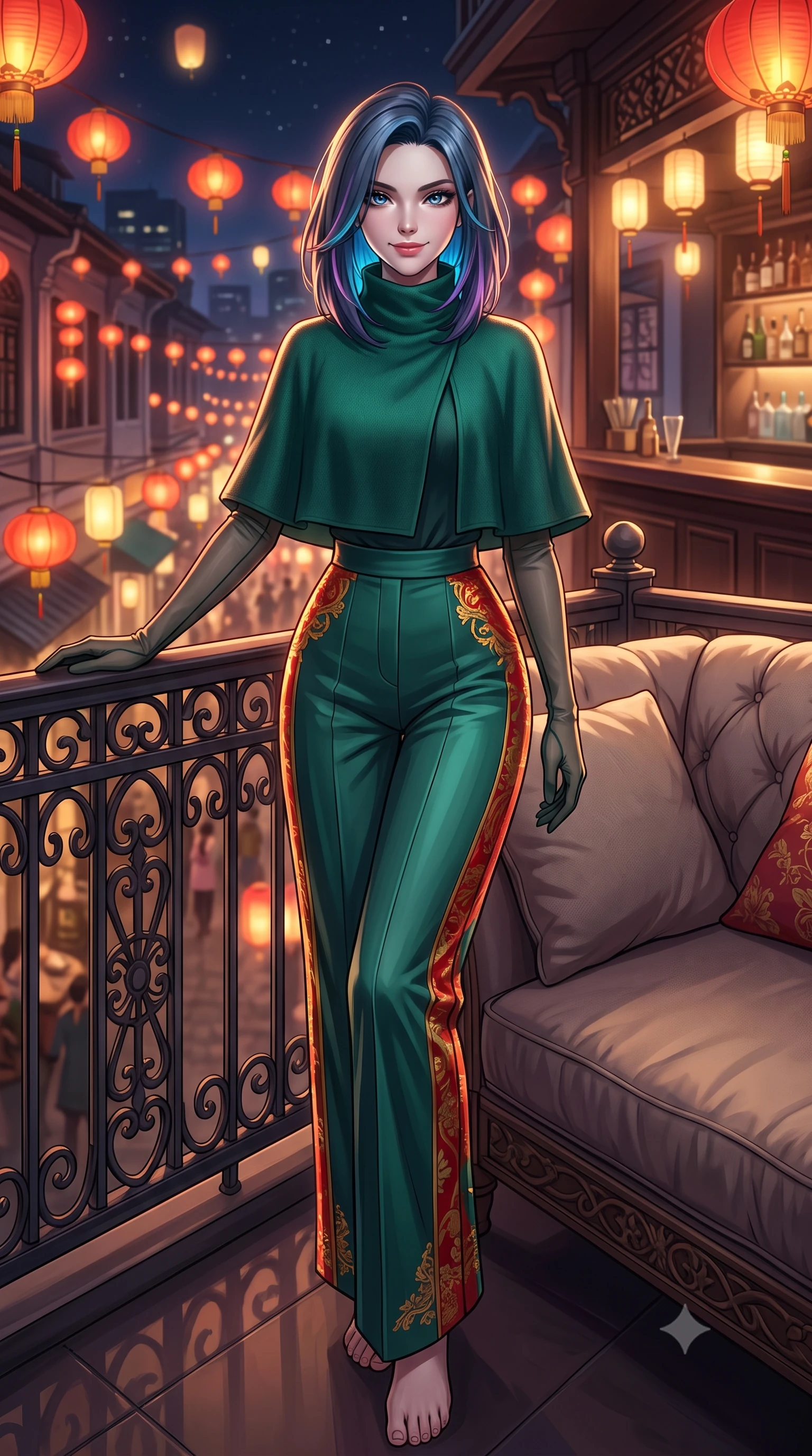 score_9, masterpiece, best quality, ultra-detailed, high-budget anime keyframe, semi-realistic 3D game render, editorial fashion photography, tasteful artistic composition, Caucasian woman. low angle full-body shot from head to toe showing her feet, filling the entire 9:16 vertical frame with her statuesque presence, stretching her vertical silhouette. reclining gracefully across the plush chaise lounge with one leg extended, her sculpted silhouette and flat midriff radiating magnetic nocturnal glamour while leaning against the vintage wrought-iron balcony railing with hips cocked back, looking down at bustling lantern-lit alleys with smoldering bedroom-eyes. The surrounding environment is rendered in vivid detail and crisp panoramic clarity: detailed garment cut, fabric cling, and heritage restoration craft in razor-sharp precision. She has an exceptionally tall and slender model-like 8.5-heads proportion, an ultra-slim waist, a flat toned midriff, narrow delicate ribcage, and beautifully sculpted feminine hips creating a graceful, slim hourglass silhouette without any bulky heaviness, with impossibly long slender legs. sharp v-shaped jawline, high-bridge nose, intricate jewel-like sparkling eyes with depth, thick eyelashes, glossy parted lips with a natural peach sheen, bright cheerful beaming smile with an enchanting and coquettish sensual glint, exuding both youthful cute charm and seductive allure, flawlessly proportioned anatomical accuracy, strict slender model proportions, natural body alignment, perfectly sculpted long slender limbs, ultra-slim waistline, clean dynamic posture without body distortion. wearing a bespoke high-neck cashmere knit cape coat paired with tailored wide-leg wool trousers in Tanjong Pagar Peranakan jade green and gilded vermilion, crafted from bespoke double-faced cashmere with an exceptionally soft tactile finish, complemented by sheer opera-length evening gloves tracing her slender arms, the bespoke structured tailoring following the natural line of her 8.5-heads silhouette with refined elegance. illuminated by bar counter reflection fill and sharp rose-gold rim lights defining her razor-sharp jawline, narrow waist, and curvy hips. highly saturated vibrant anime colors, detailed shading with soft gradients, rich glossy textures, high-contrast stereoscopic depth, volumetric dynamic lighting, master piece, 9:16 ratio