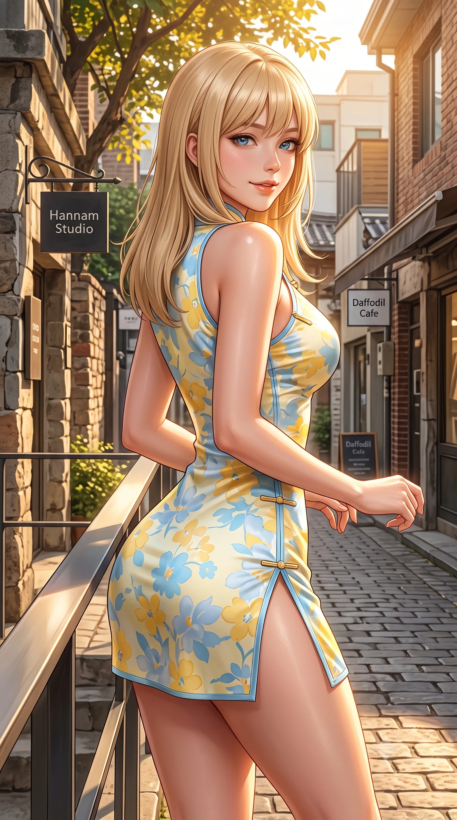 score_9, masterpiece, best quality, ultra-detailed, high-budget anime keyframe, semi-realistic 3D game render, editorial fashion photography, tasteful artistic composition, Japanese woman. close-up cowboy shot from the waist and thighs up, the character dominates the composition, filling the frame with her large presence. posing in an alluring rear three-quarter angle, turning over a bare shoulder with an intoxicating cute smile, her hips cocked back to highlight her slim hourglass curve while leaning against the minimalist boutique railing with hips cocked back, looking over a bare shoulder with a playful, seductive glint in her eyes. The surrounding environment is rendered in vivid detail and crisp panoramic clarity. detailed fabric drape, golden sunlight glints on skin, and Hannam alleyway clarity in high resolution. She has an exceptionally elegant, slender, and willowy female figure with an ultra-slim waist, flat toned midriff, narrow ribcage, and sculpted feminine hips creating an alluring, slim hourglass silhouette without bulk. sharp v-shaped jawline, high-bridge nose, intricate jewel-like sparkling eyes with depth, thick eyelashes, glossy parted lips with a natural peach sheen, bright cheerful beaming smile with an enchanting and coquettish sensual glint, exuding both youthful cute charm and seductive allure, flawlessly proportioned anatomical accuracy, strict slender model proportions, natural body alignment, perfectly sculpted long slender limbs, ultra-slim waistline, clean dynamic posture without body distortion. wearing a modern cute qipao mini dress with double side slits ascending to the hip in pastel floral silk in sunny daffodil yellow and clear sky blue, made of smooth fluid silk satin with a delicate pearlescent sheen, finished with neat front wooden buttons and delicate pocket details, the liquid-tight tailored fabric clinging flawlessly to her narrow waist and rounded feminine hips, emphasizing every millimeter of her sculpted slim hourglass curves without any bulky heaviness. illuminated by crisp directional highlights accentuating her sculpted midriff, narrow waist, and curvy hips. highly saturated vibrant anime colors, detailed shading with soft gradients, rich glossy textures, high-contrast stereoscopic depth, volumetric dynamic lighting, master piece, 9:16 ratio