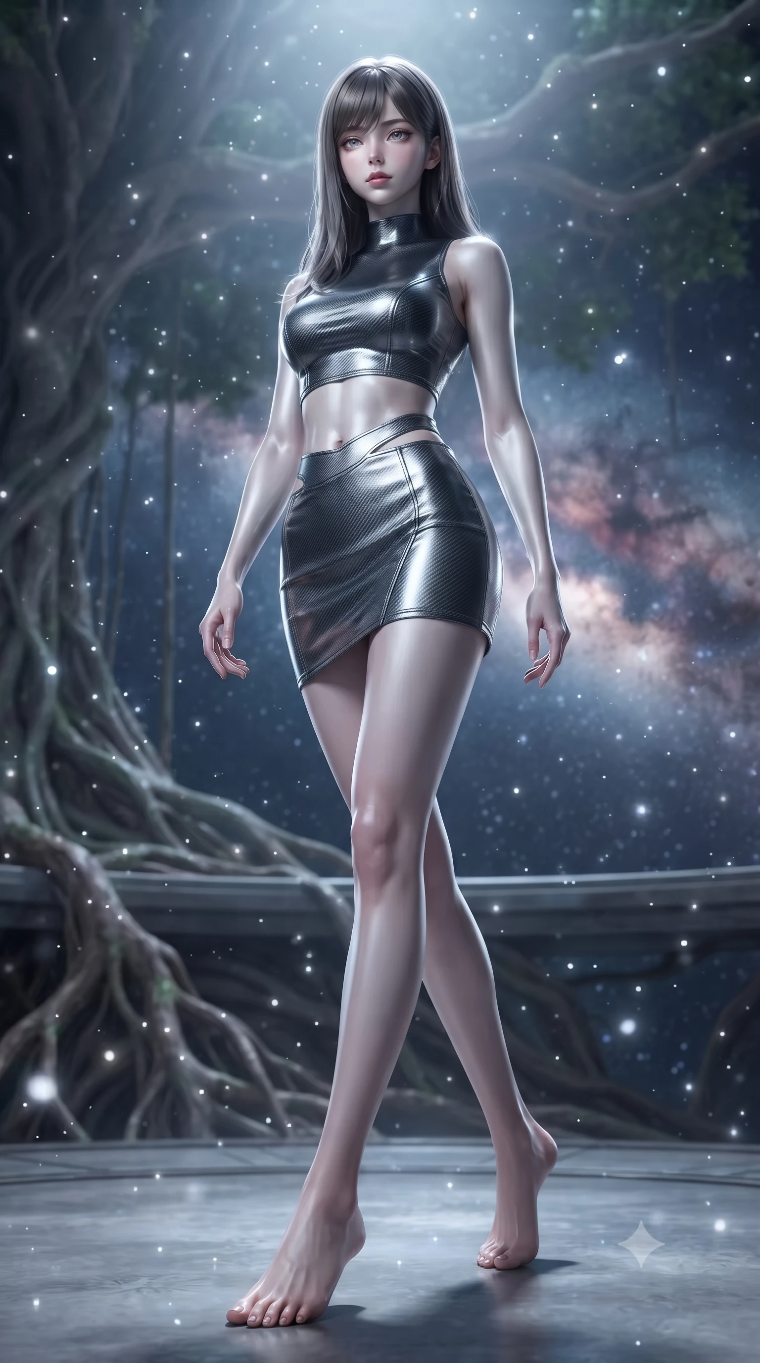 score_9, masterpiece, best quality, ultra-detailed, high-budget anime keyframe, editorial fashion photography, tasteful artistic composition, Korean woman. low angle full-body shot from head to toe showing her feet, filling the entire 9:16 vertical frame with her statuesque presence, stretching her vertical silhouette. stepping gracefully through floating stardust particles, her body-contouring suit showing her athletic, slender silhouette, the background shows a soft-focus a banyan tree observatory platform looking out at a galaxy nebula in stardust. She has an absolutely perfect, statuesque 8.5-heads proportion, an exceptionally tall and slender model-like female figure with impossibly long slender legs and an ultra-slim waist. sharp v-shaped jawline, high-bridge nose, intricate jewel-like eyes with depth, thick eyelashes, glossy lips with a natural sheen. wearing a body-hugging modern carbon-alloy crop top paired with a low-rise tactical skirt and a subtle waist cut-out. soft silver starlight wrapping her statuesque posture in a quiet, solemn mood. ultra-reflective glossy finish, specular highlights, metallic sheen, high-contrast stereoscopic depth, volumetric dynamic lighting, 2k, ultra detail, master piece, 9:16 ratio