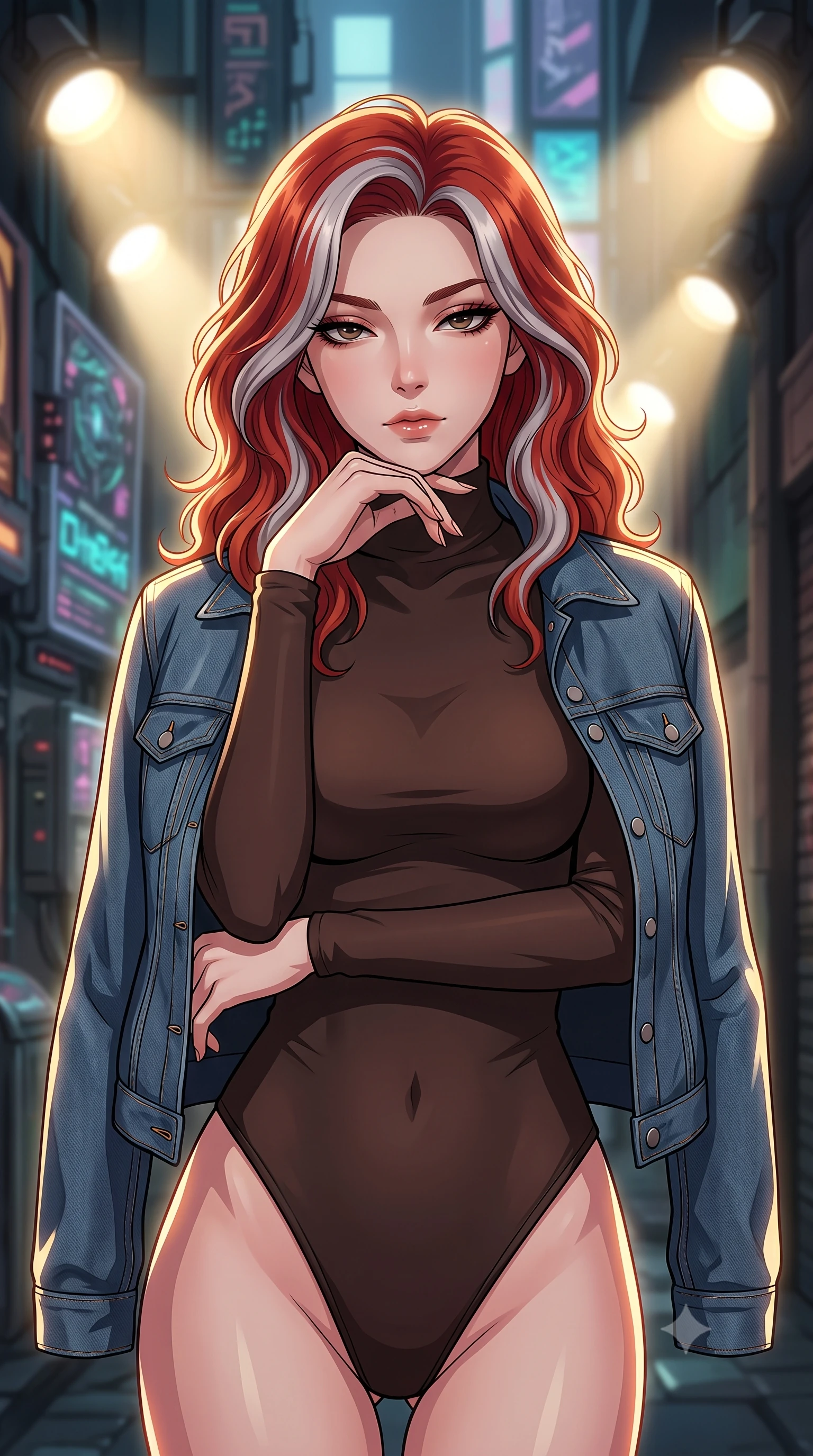 score_9, masterpiece, best quality, ultra-detailed, high-budget anime keyframe, tasteful artistic composition, Caucasian woman. close-up cowboy shot from the waist and thighs up, the character dominates the composition, filling the frame with her large presence, background elements kept in soft focus. resting her chin on the backs of her fingers, casting a heavy-lidded, sultry look past the camera the background shows a soft-focus a secluded alleyway behind a glowing cybernetic theatre facade. She has an exceptionally elegant, slender, and willowy female figure with an ultra-slim waist, a gracefully sculpted slender torso, and a refined silhouette. sharp v-shaped jawline, high-bridge nose, intricate jewel-like eyes with depth, thick eyelashes, glossy lips with a natural sheen. wearing a tailored form-contouring high-neck bodysuit in dark brown, worn under a tailored open denim jacket. dramatic theater spotlights casting a bright warm key light on her silhouette. highly saturated vibrant anime colors, cel-shading, 2d style, master piece, 9:16 ratio