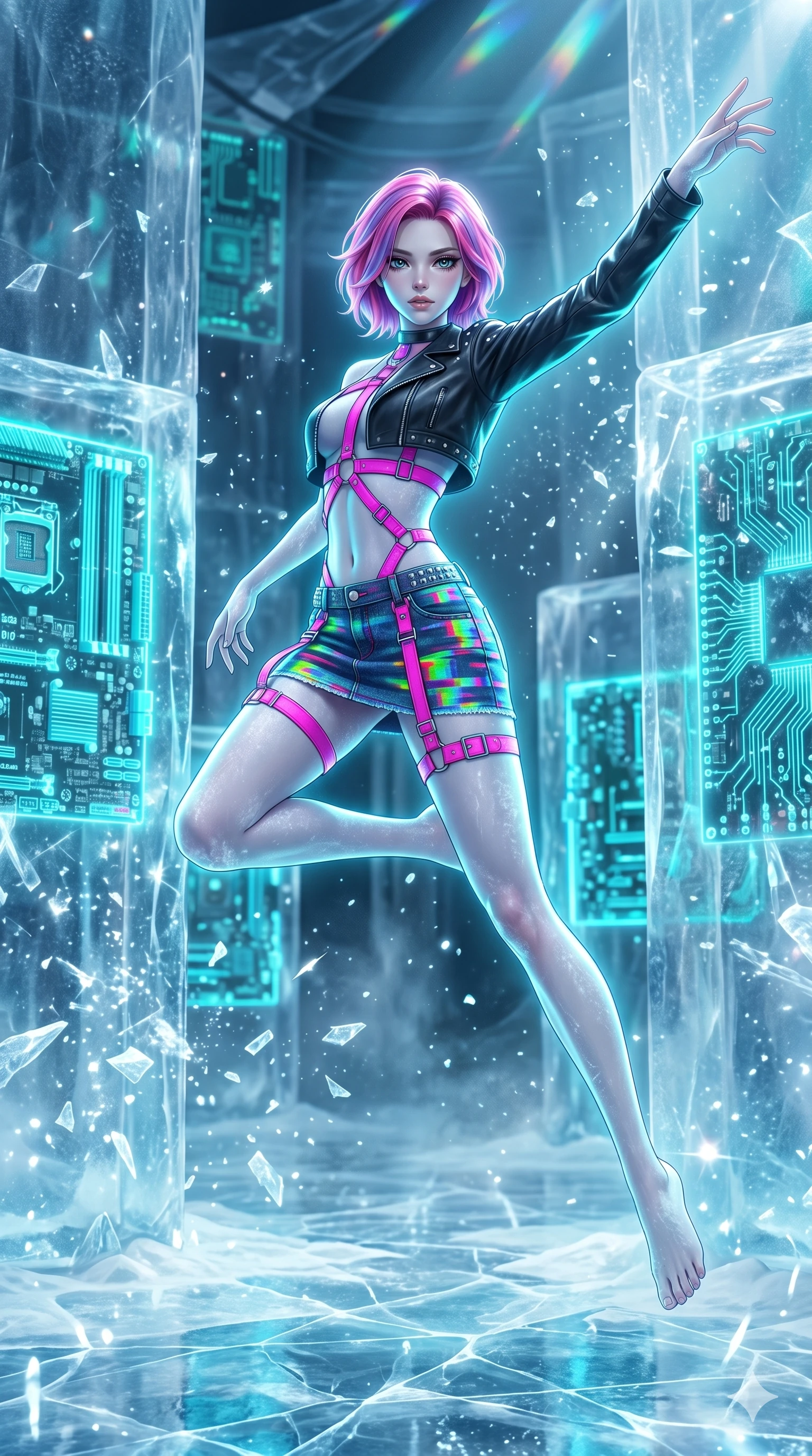 score_9, masterpiece, best quality, ultra-detailed, high-budget anime keyframe, Japanese woman. upper body close-up from the thighs up, character filling the screen for maximum presence. leaping inside a sub-zero cybernetic ice temple, where glowing neon cyan computer circuit boards are frozen within transparent ice pillars, fracturing ice crystals into sparkles around her. She has an absolutely perfect 8-heads proportion, an exceptionally tall and slender female figure with impossibly long slender legs and an ultra-slim waist. V-shaped jawline, high-bridge nose, intricate jewel-like eyes with depth, thick eyelashes, glossy lips with a natural sheen.. wearing a glitch denim and studded leather outfit, featuring an RGB glitch pattern denim micro-skirt, a single-sleeve cropped leather jacket, and neon pink harness straps. bathed in brilliant cinematic volumetric lighting and intense neon rim light highlighting her slender form. 2k, ultra detail, master piece, 9:16 ratio