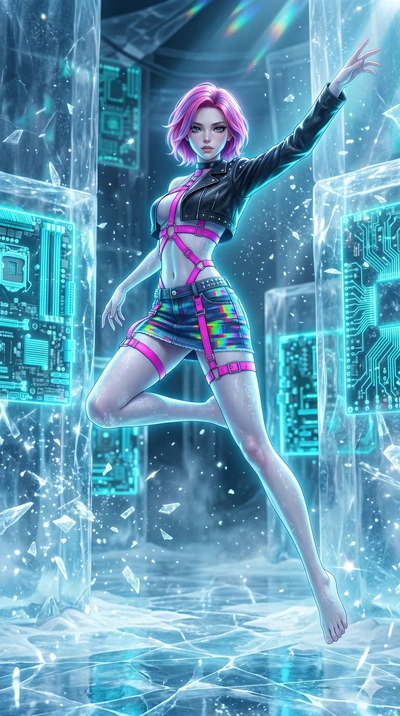 score_9, masterpiece, best quality, ultra-detailed, high-budget anime keyframe, Japanese woman. upper body close-up from the thighs up, character filling the screen for maximum presence. leaping inside a sub-zero cybernetic ice temple, where glowing 