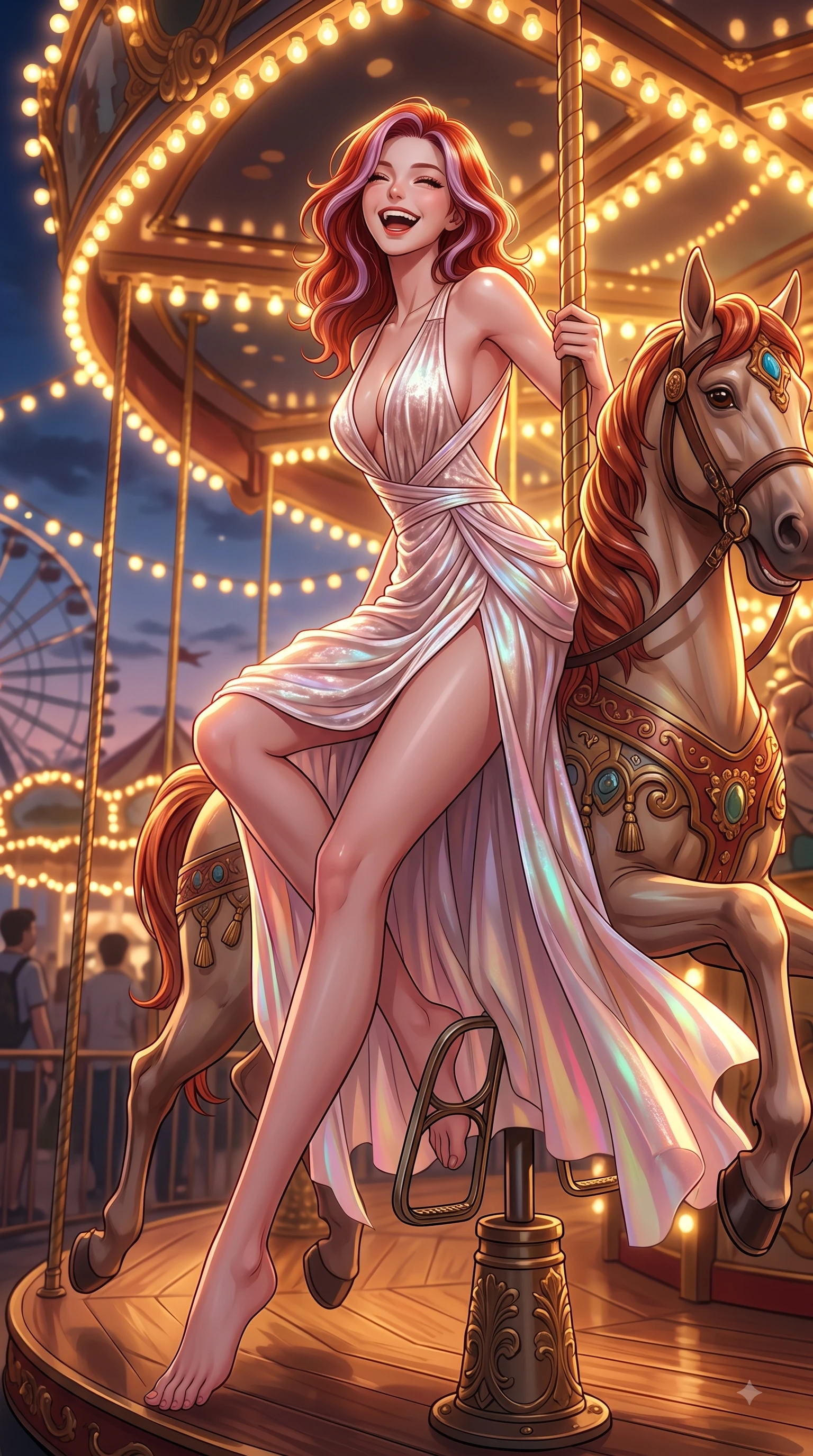 score_9, masterpiece, best quality, ultra-detailed, high-budget anime keyframe, editorial fashion photography, tasteful artistic composition, Caucasian woman. low angle full-body shot from head to toe showing her feet, filling the entire 9:16 vertical frame with her statuesque presence, stretching her vertical silhouette. forging dynamically through the scene with a happy infectious smile, her ultra-slim waist creating a sweeping curve while riding a ornate wooden carousel horse with a pure, joyful laughing expression at dusk, thousands of warm vintage light bulbs casting glowing golden circles in soft bokeh. She has an absolutely perfect, statuesque 8.5-heads proportion, an exceptionally tall and slender model-like female figure with impossibly long slender legs and an ultra-slim waist. sharp v-shaped jawline, high-bridge nose, intricate jewel-like eyes with depth, thick eyelashes, glossy lips with a natural sheen, flawlessly proportioned anatomical accuracy, natural body alignment, perfectly sculpted elegant limbs, clean dynamic posture without body distortion. wearing a backless crushed velvet gown with a deep V-neckline and high thigh slit in pearl white and rose gold, crafted from iridescent chiffon that shifts colors in the light, complemented by criss-cross back straps highlighting her bare shoulders, the elegant draped fit framing her graceful clavicle and slender torso. surrounded by a bright, magical theme park ambiance with rich specular glow. highly saturated vibrant anime colors, detailed shading with soft gradients, rich glossy textures, high-contrast stereoscopic depth, volumetric dynamic lighting, master piece, 9:16 ratio