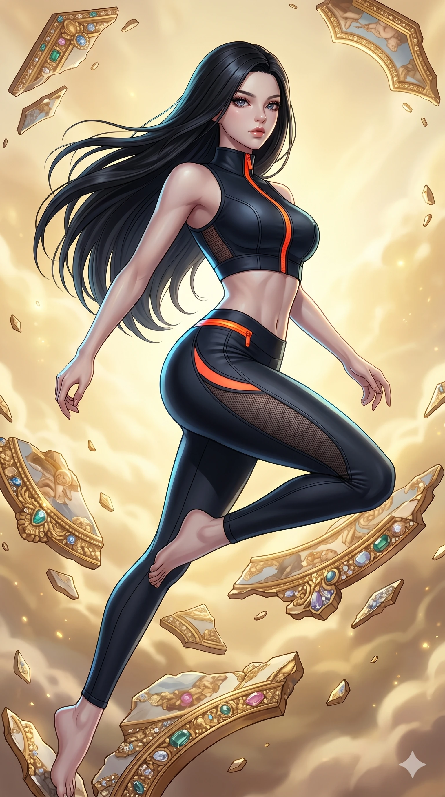 score_9, masterpiece, best quality, ultra-detailed, high-budget anime keyframe, Korean woman. upper body close-up from the thighs up, character filling the screen for maximum presence. propelling herself off digital baroque ceiling fresco shards that float and reassemble in a golden sky. She has an absolutely perfect 8-heads proportion, an exceptionally tall and slender female figure with impossibly long slender legs and an ultra-slim waist. V-shaped jawline, high-bridge nose, intricate jewel-like eyes with depth, thick eyelashes, glossy lips with a natural sheen.. wearing a second-skin neoprene cyber-athleisure set, featuring a tight crop top and leggings with fluorescent orange zipper accents and side slash panels. lit by a soft glowing ambient light and a sharp side key light that traces the sleek contours of her athletic build. 2k, ultra detail, master piece, 9:16 ratio