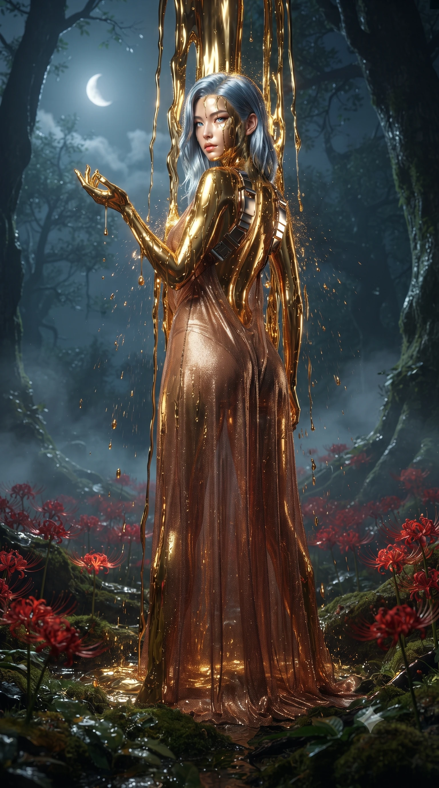 score_9, masterpiece, best quality, ultra-detailed, High-budget Anime Keyframe, editorial fashion photography, tasteful artistic composition, realistic cosplay photography, East Asian woman. Low angle cowboy shot filling the entire 9:16 frame with her statuesque presence. Scenario 496: standing under a waterfall of liquid gold, the fluid coating her form, in a misty dark forest under a crescent moon with red spider lilies blooming. Her presence is magnetic and overpowering in this high-budget cinematic scene. Outfit 496: a slim-fit metallic copper shimmering chiffon bodysuit with a dramatic backless design and metallic buckles. The clothing is designed to emphasize her exceptionally tall and slender 8-heads proportion. 8-heads proportion, towering silhouette, ultra-slim waist. sharp v-shaped jawline, intricate jewel-like eyes with depth, thick eyelashes, glossy lips. ultra-reflective glossy finish, specular highlights, metallic sheen, high-contrast stereoscopic depth, volumetric dynamic lighting, 2k, ultra detail, master piece, 9:16 ratio