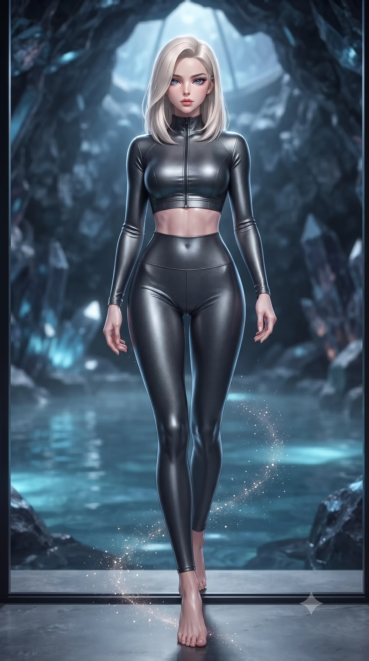 score_9, masterpiece, best quality, ultra-detailed, high-budget anime keyframe, editorial fashion photography, tasteful artistic composition, Caucasian woman. low angle full-body shot from head to toe showing her feet, filling the entire 9:16 vertical frame with her statuesque presence, stretching her vertical silhouette. stepping gracefully through floating stardust particles, her body-contouring suit showing her athletic, slender silhouette, the background shows a soft-focus a cave hot spring pool built inside a natural volcanic glass dome. She has an absolutely perfect, statuesque 8.5-heads proportion, an exceptionally tall and slender model-like female figure with impossibly long slender legs and an ultra-slim waist. sharp v-shaped jawline, high-bridge nose, intricate jewel-like eyes with depth, thick eyelashes, glossy lips with a natural sheen. wearing a tailored body-hugging high-neck activewear set of a zipped long-sleeve crop top and matching leggings in carbon-grey. soft blue light reflecting from the pool water onto rock walls and her skin. ultra-reflective glossy finish, specular highlights, metallic sheen, high-contrast stereoscopic depth, volumetric dynamic lighting, 2k, ultra detail, master piece, 9:16 ratio