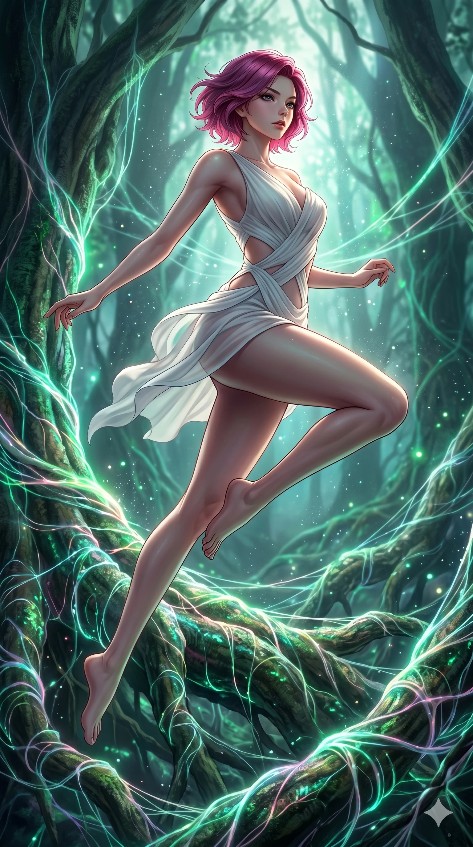 score_9, masterpiece, best quality, ultra-detailed, high-budget anime keyframe, Korean woman. low angle full-body shot filling the entire 9:16 frame with her statuesque presence, stretching the vertical silhouette. jumping amidst giant ancient tree roots wrapped in trillions of glowing mycelium threads pulsing with emerald and opal light. She has an absolutely perfect 8-heads proportion, an exceptionally tall and slender female figure with impossibly long slender legs and an ultra-slim waist. V-shaped jawline, high-bridge nose, intricate jewel-like eyes with depth, thick eyelashes, glossy lips with a natural sheen.. wearing an asymmetric chiffon draped couture mini dress, featuring draped white chiffon fabric twisting around her body with elegant diamond cutouts on the waist. illuminated by dramatic chiaroscuro casting soft shadows along her curves, with vibrant backlighting highlighting the dust particles. 2k, ultra detail, master piece, 9:16 ratio
