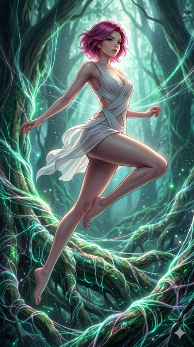 score_9, masterpiece, best quality, ultra-detailed, high-budget anime keyframe, Korean woman. low angle full-body shot filling the entire 9:16 frame with her statuesque presence, stretching the vertical silhouette. jumping amidst giant ancient tree r