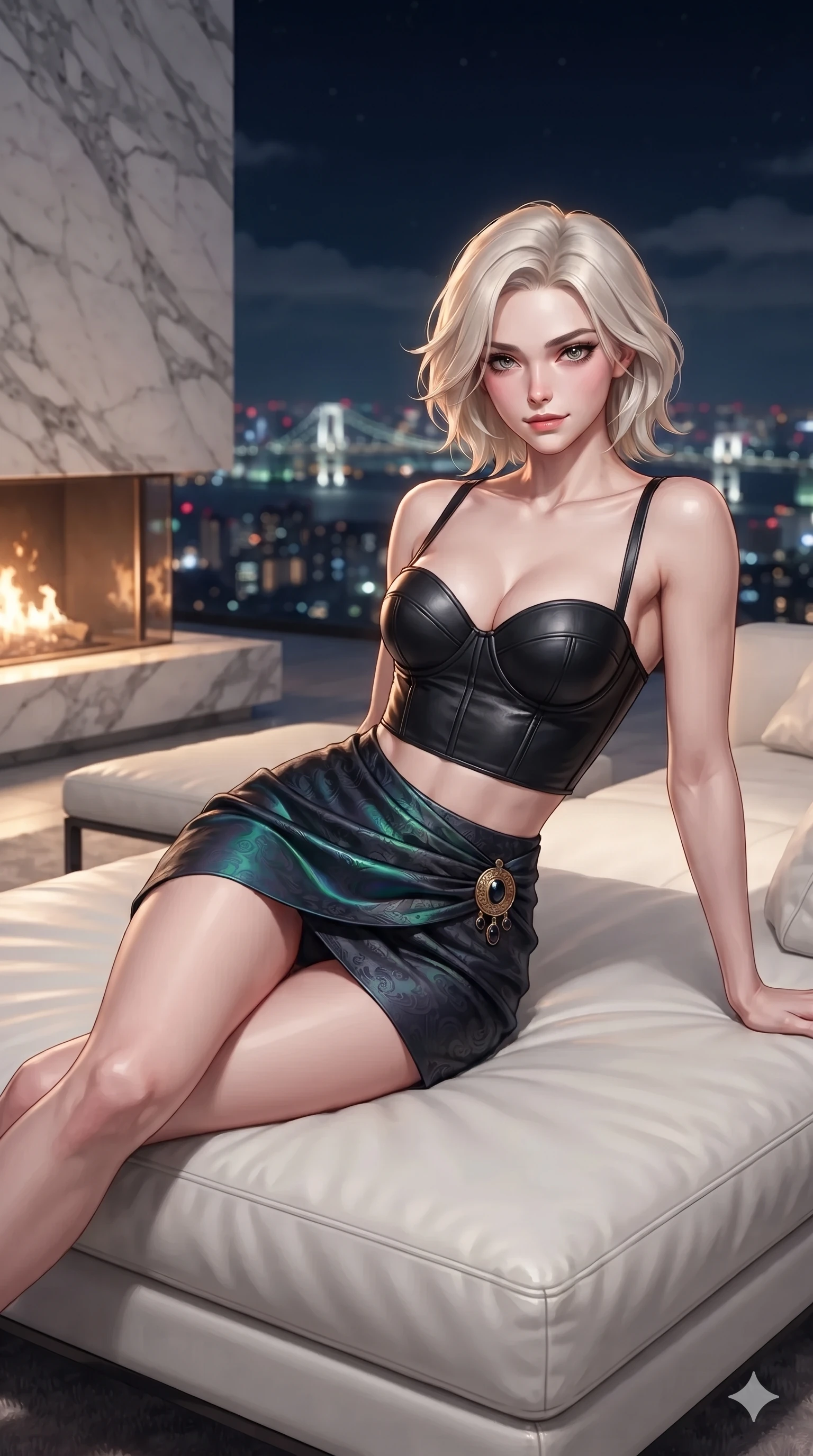 score_9, masterpiece, best quality, ultra-detailed, high-budget anime keyframe, editorial fashion photography, tasteful artistic composition, Caucasian woman. close-up cowboy shot from the waist and thighs up, the character dominates the composition, filling the frame with her large presence. standing poised beside a towering marble fireplace with hips cocked back, casting an alluring, sovereign gaze toward the viewer while reclining gracefully on an oversized white leather daybed under the open midnight sky, her long slender legs and hourglass curves commanding the frame. The background shows a soft-focus infinite carpet of Tokyo city lights, distant harbor bridges, and low midnight clouds blurred into topaz, ruby, and sapphire bokeh. She has an exceptionally elegant, slender, and willowy female figure with an ultra-slim waist, flat toned midriff, narrow ribcage, and sculpted feminine hips creating an alluring, slim hourglass silhouette without bulk. sharp v-shaped jawline, high-bridge nose, intricate jewel-like dark sparkling eyes with dangerous depth, thick curled eyelashes, glossy parted lips with a rich wine sheen, smoldering seductive half-smile with bedroom-eyes, exuding effortless superiority and intoxicating dark allure, flawlessly proportioned anatomical accuracy, strict slender model proportions, natural body alignment, perfectly sculpted long slender limbs, ultra-slim waistline, clean dynamic posture without body distortion. wearing a structured underwire leather bustier top paired with an ultra-short draped wrap mini skirt in iridescent petroleum beetle-sheen and deep graphite, tailored from rich silk jacquard with subtle embossed baroque patterns, finished with an authentic engraved gold medallion and obsidian cabochons, the liquid-tight tailored fabric clinging flawlessly to her narrow waist and rounded feminine hips, emphasizing every millimeter of her sculpted slim hourglass curves without any bulky heaviness. illuminated by city light haze bounce and sharp golden-amber rim lights defining her razor-sharp jawline, narrow waist, and curvy hips. ultra-reflective glossy finish, specular highlights, rich textural contrasts, high-contrast stereoscopic depth, volumetric dynamic lighting, 2k, ultra detail, master piece, 9:16 ratio