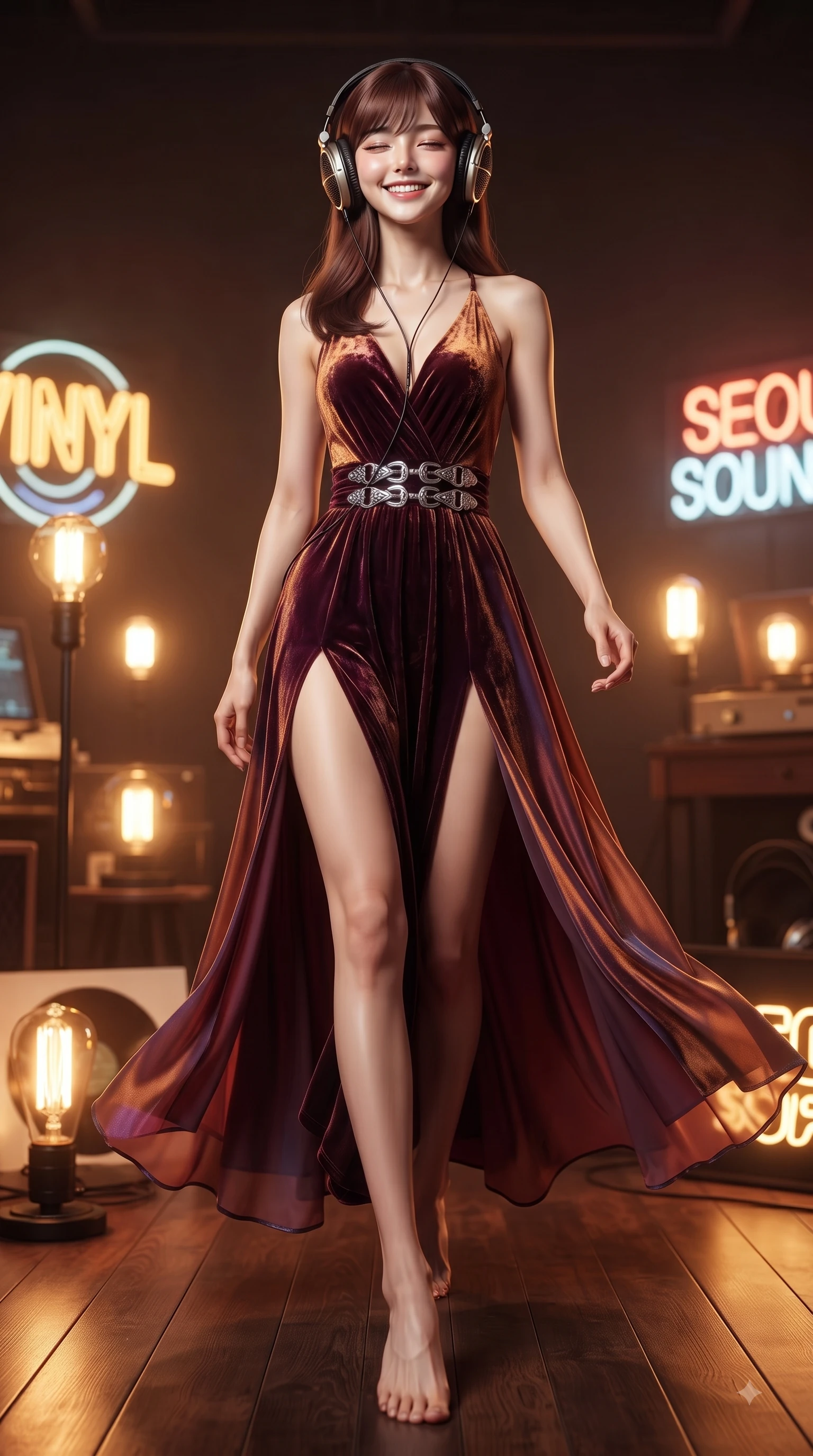score_9, masterpiece, best quality, ultra-detailed, high-budget anime keyframe, editorial fashion photography, tasteful artistic composition, Korean woman. low angle full-body shot from head to toe showing her feet, filling the entire 9:16 vertical frame with her statuesque presence, stretching her vertical silhouette. stepping forward in a proud dynamic stride with a cheerful beaming smile, her vertical silhouette filling the frame while sitting at a wooden counter wearing vintage headphones, listening to music with closed eyes, warm amber Edison bulb lamps and neon signs scattering cozy golden highlights. She has an absolutely perfect, statuesque 8.5-heads proportion, an exceptionally tall and slender model-like female figure with impossibly long slender legs and an ultra-slim waist. sharp v-shaped jawline, high-bridge nose, intricate jewel-like eyes with depth, thick eyelashes, glossy lips with a natural sheen, flawlessly proportioned anatomical accuracy, natural body alignment, perfectly sculpted elegant limbs, clean dynamic posture without body distortion. wearing a backless crushed velvet gown with a deep V-neckline and high thigh slit in deep burgundy and bronze, crafted from iridescent chiffon that shifts colors in the light, detailed with polished silver buckles along the waistline, the form-contouring material highlighting her ultra-slim waist and long lines. surrounded by a nostalgic, warm, and intimate retro music atmosphere. ultra-reflective glossy finish, specular highlights, metallic sheen, high-contrast stereoscopic depth, volumetric dynamic lighting, 2k, ultra detail, master piece, 9:16 ratio