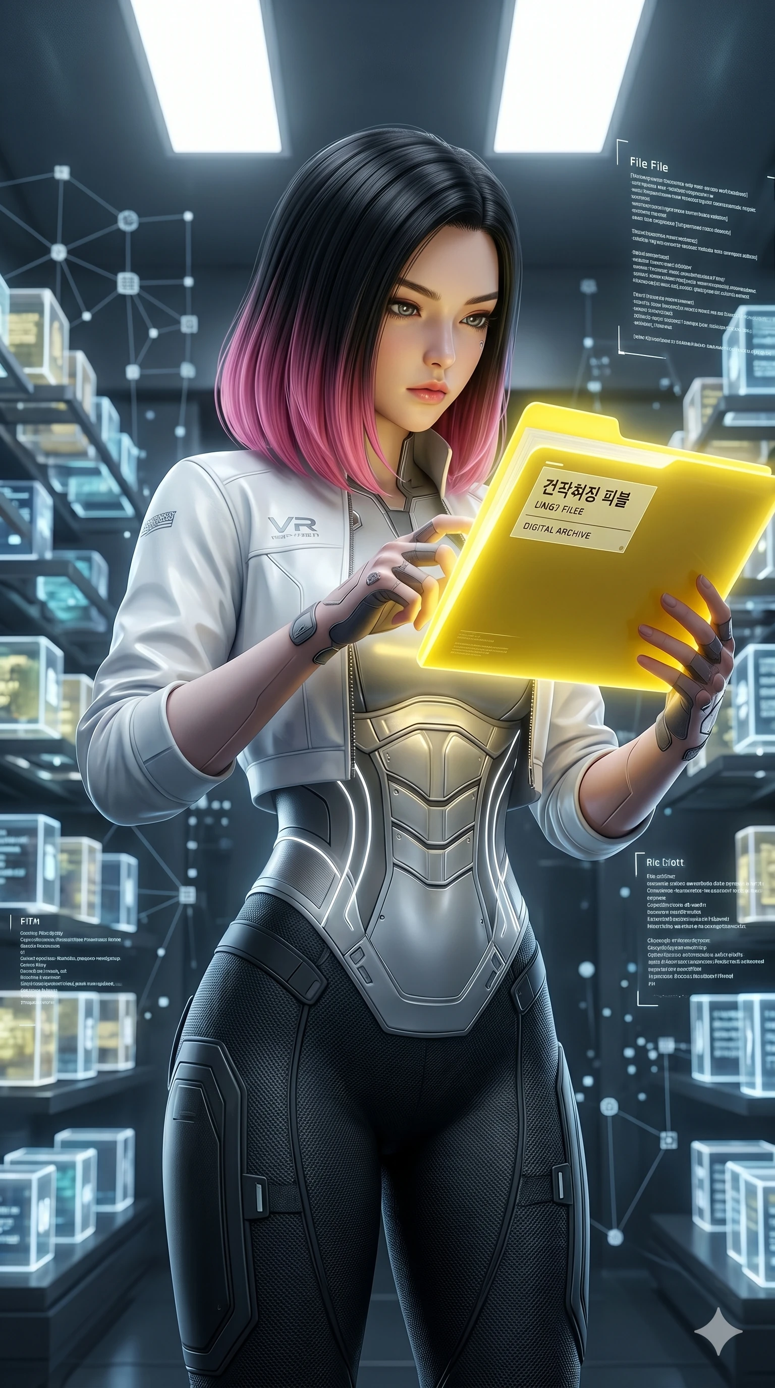 score_9, masterpiece, best quality, ultra-detailed, high-budget anime keyframe, semi-realistic 3D game render, Korean woman. Upper body close-up from the thighs up, character filling the screen for maximum presence. Inside a virtual reality archive, searching for old files, examining a glowing yellow file folder with a focused, intense expression. She is wearing a cropped lab jacket over a structured silver bodice and utility leggings. The scene is illuminated by the yellow glow of the file folder and white key lights. 2k, ultra detail, master piece, 9:16 ratio