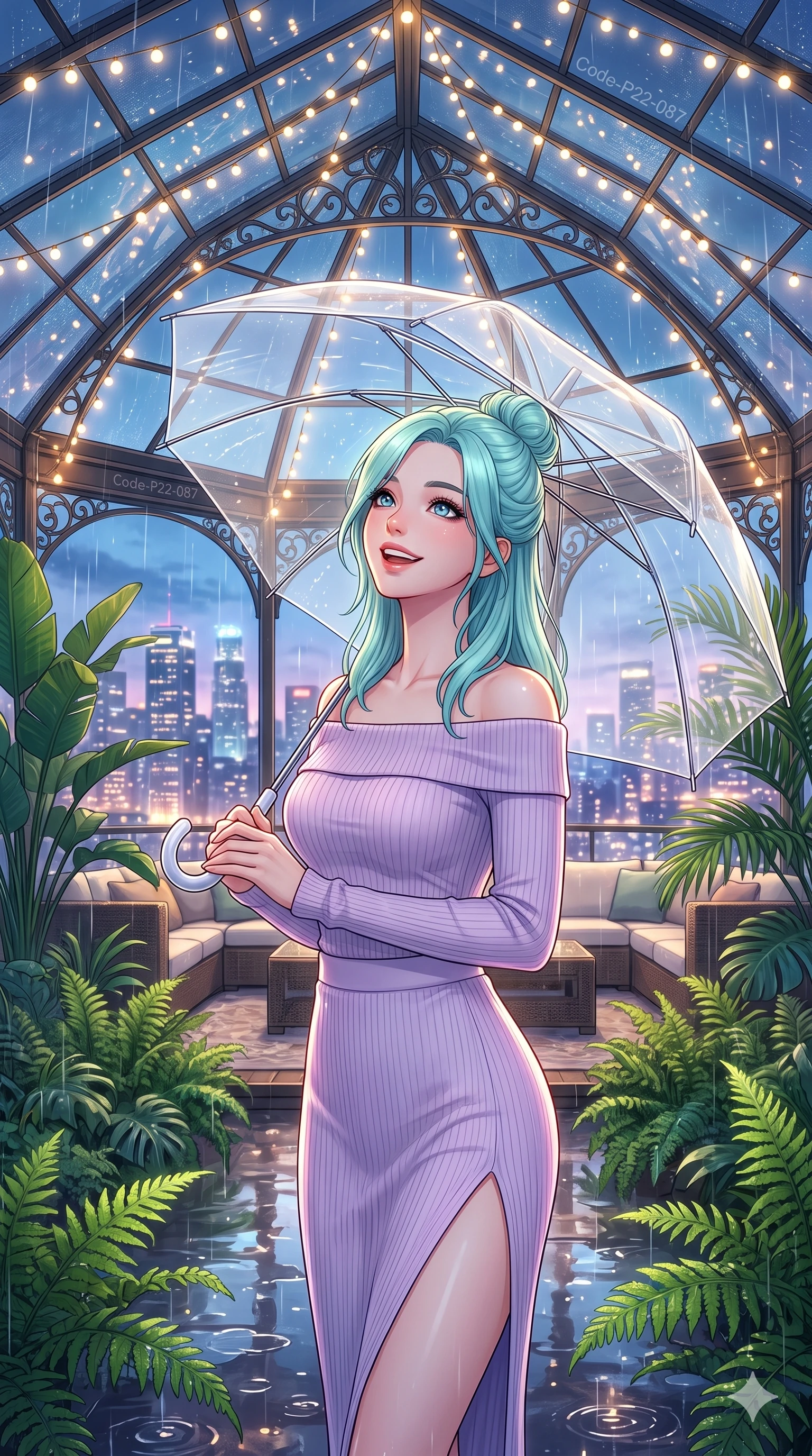 score_9, masterpiece, best quality, ultra-detailed, high-budget anime keyframe, vibrant anime aesthetic, Japanese woman. close-up cowboy shot from the waist and thighs up, the character dominates the composition, filling the frame with her large presence, background elements kept in soft focus. She is holding a clear umbrella, looking up with a bright, joyful expression, gazing warmly at the viewer standing amidst vibrant green ferns. standing on a rain-swept rooftop lounge under a glass pavilion, looking at the glowing city skyline (Code-P22-087). She has an absolutely perfect proportion, an exceptionally elegant and slender female figure with an ultra-slim waist. V-shaped jawline, high-bridge nose, intricate jewel-like eyes with depth, thick eyelashes, glossy lips with a natural sheen. wearing an off-shoulder long-sleeve shirt and a high-slit knit skirt in pastel lavender. She is lit by warm, glowing fairy lights strung across the glass conservatory roof, casting clean highlights that trace her slim waist inside the glass pavilion. 2k, ultra detail, master piece, 9:16 ratio