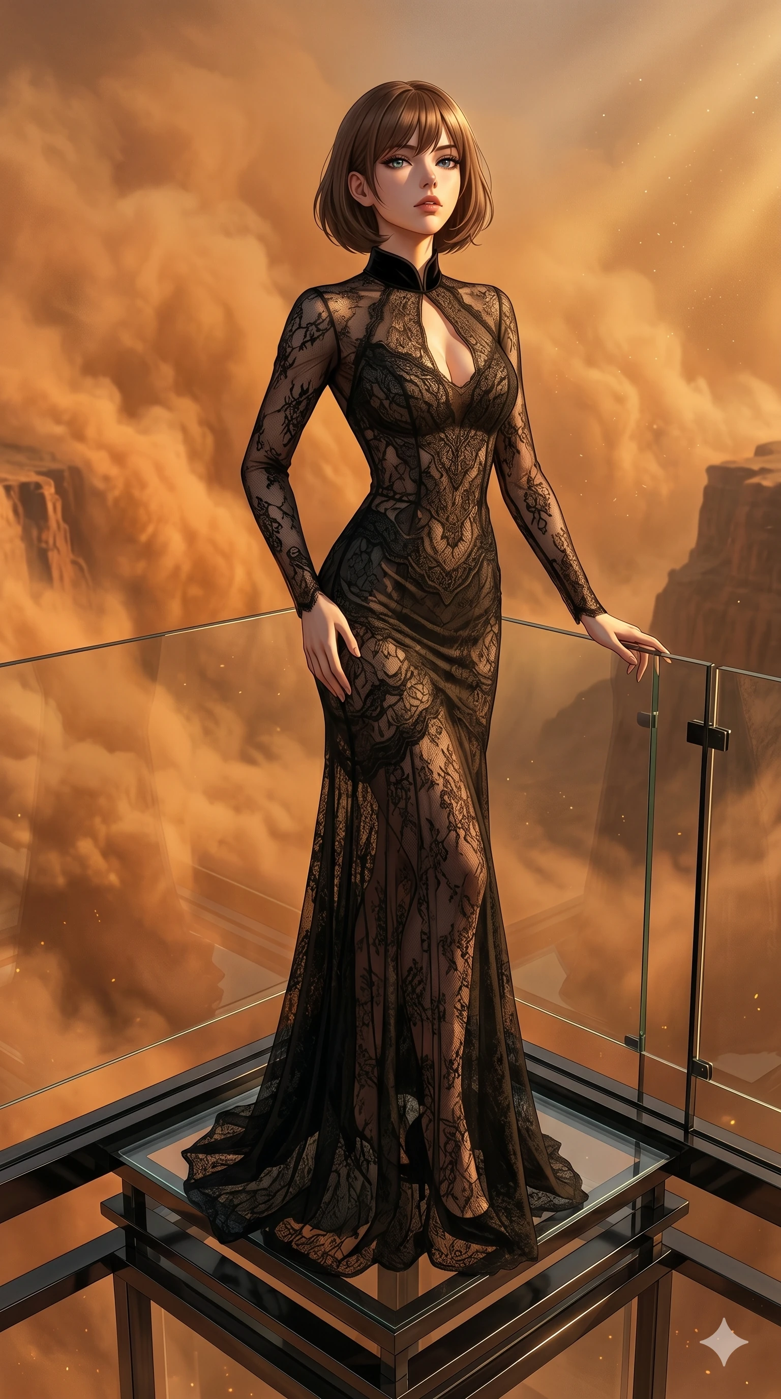 score_9, masterpiece, best quality, ultra-detailed, high-budget anime keyframe, editorial fashion photography, tasteful artistic composition, Caucasian woman, strictly human ears. cowboy shot from the thighs up, character and outfit filling the frame for maximum editorial presence. Tilting her chin up slightly with lips parted in a composed expression atop a floating glass pagoda overlooking a vast canyon of swirling orange dust storms. She has an absolutely perfect 8-heads proportion, an exceptionally tall and slender female figure with impossibly long slender legs and an ultra-slim waist. V-shaped jawline, high-bridge nose, intricate jewel-like eyes with depth, thick eyelashes, glossy lips with a natural sheen. wearing a floor-length gown in semi-opaque black lace with a high velvet collar, a keyhole cutout at the chest, and an under-layer that contours her statuesque figure. lit by dramatic chiaroscuro with a single golden key light carving her facial contours and figure. 2k, ultra detail, master piece, 9:16 ratio