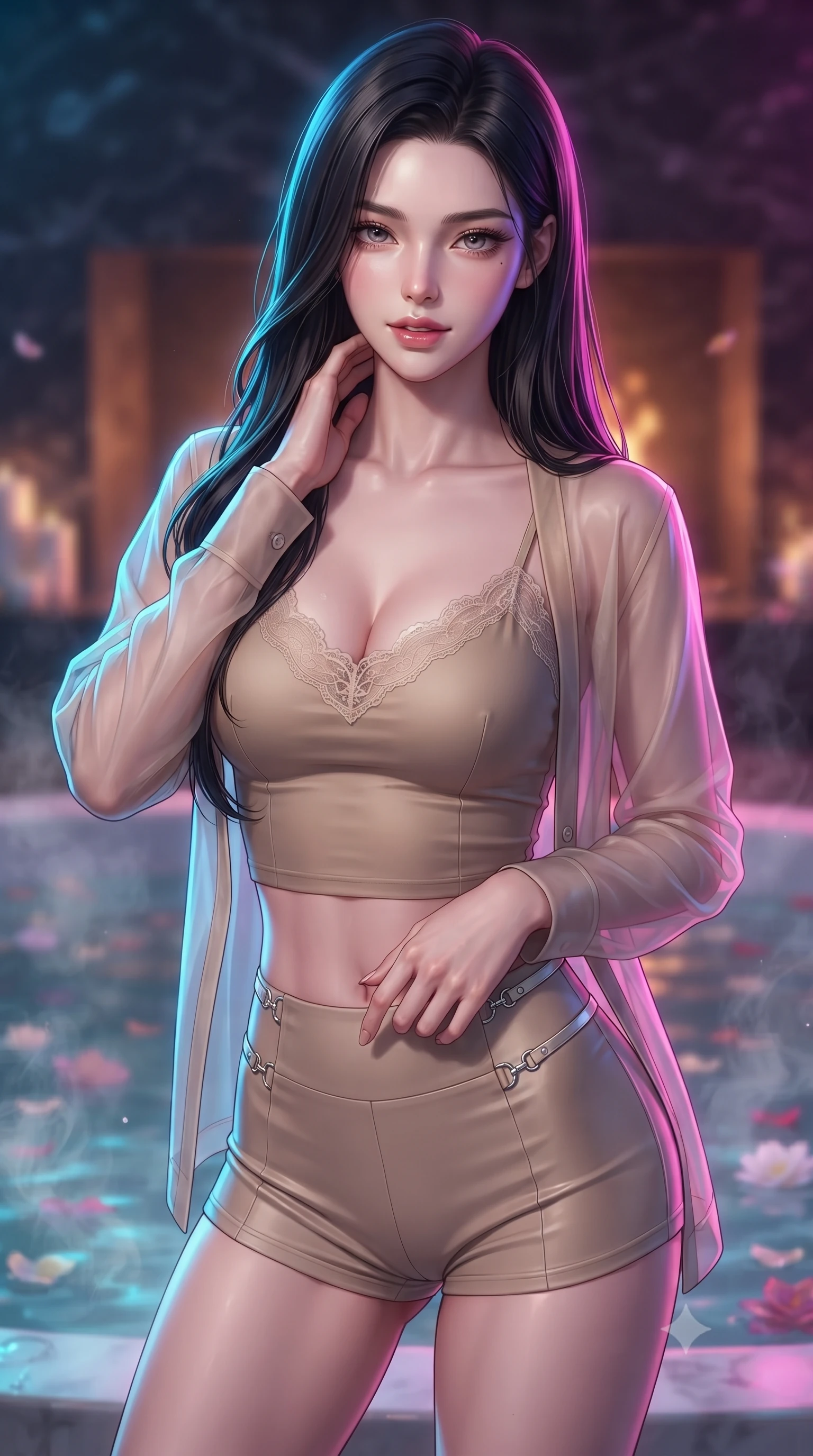 score_9, masterpiece, best quality, ultra-detailed, high-budget anime keyframe, editorial fashion photography, tasteful artistic composition, Korean woman. close-up cowboy shot from the waist and thighs up, the character dominates the composition, filling the frame with her large presence, background elements kept in soft focus. gazing directly into the camera with a smoldering, magnetic half-smile, her glossy lips parted alluringly set against a soft-focus background of inside an exclusive fireplace lounge with rising mineral steam and floating flower petals on the clear water surface. She has an exceptionally elegant, slender, and willowy female figure with an ultra-slim waist, a gracefully sculpted slender torso, and a refined silhouette. sharp v-shaped jawline, high-bridge nose, intricate jewel-like eyes with depth, thick eyelashes, glossy lips with a natural sheen. wearing slim-fit warm beige matte silk delicate lace-trim crop top worn under a sheer organza cardigan with high-waist micro-shorts accented with delicate silver hardware. drenched in dramatic neon rim-lighting that traces the sleek contours of her figure. ultra-reflective glossy finish, specular highlights, metallic sheen, high-contrast stereoscopic depth, volumetric dynamic lighting, 2k, ultra detail, master piece, 9:16 ratio