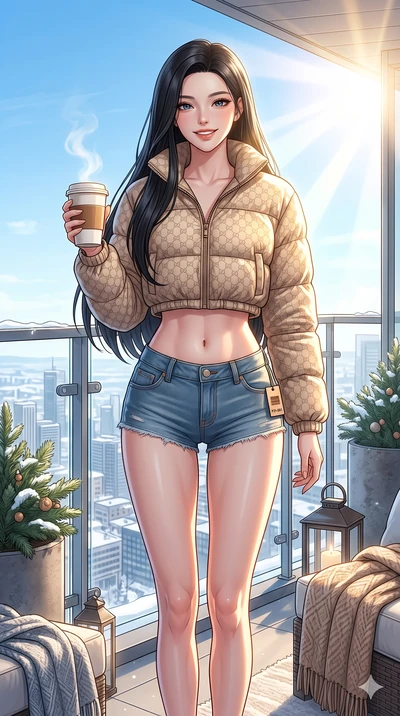 score_9, masterpiece, best quality, ultra-detailed, high-budget anime keyframe, vibrant anime aesthetic, Korean woman. cowboy shot from the thighs up, character and outfit filling the frame for maximum presence. She is holding a warm coffee, smiling 