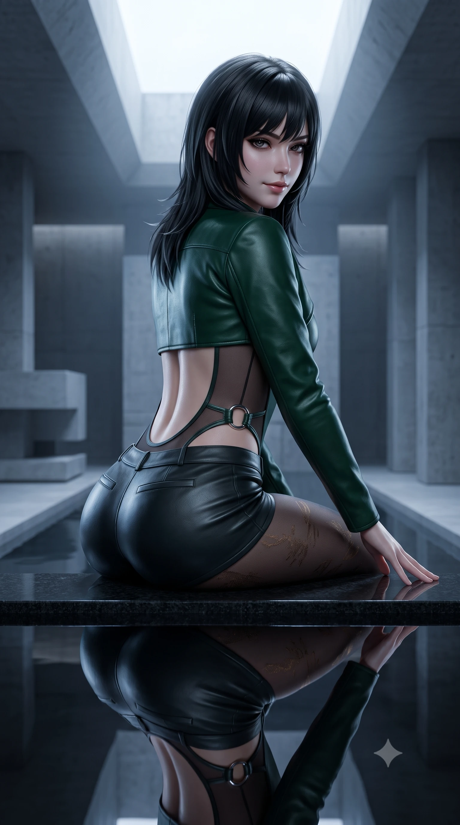 score_9, masterpiece, best quality, ultra-detailed, high-budget anime keyframe, semi-realistic 3D game render, editorial fashion photography, tasteful artistic composition, Caucasian woman. close-up cowboy shot from the waist and thighs up, the character dominates the composition, filling the frame with her large presence. leaning forward over the counter while arching her lower back to accentuate her curvy hips, looking into the lens with a dangerous smoldering half-smile and bedroom-eyes while sitting gracefully at the water's edge of a mirror-still black granite reflection pool, arching her lower back as cold silver moonlight sculpts her silhouette. The surrounding environment is rendered in vivid detail and crisp panoramic clarity. detailed evening dress drape, moonlight sheen on skin, and modern brutalist-luxury chamber clarity in high resolution. She has an exceptionally elegant, slender, and willowy female figure with an ultra-slim waist, flat toned midriff, narrow ribcage, and sculpted feminine hips creating an alluring, slim hourglass silhouette without bulk. sharp v-shaped jawline, high-bridge nose, intricate jewel-like dark sparkling eyes with dangerous depth, thick curled eyelashes, glossy parted lips with a rich wine sheen, smoldering seductive half-smile with bedroom-eyes, exuding effortless superiority and intoxicating dark allure, flawlessly proportioned anatomical accuracy, strict slender model proportions, natural body alignment, perfectly sculpted long slender limbs, ultra-slim waistline, clean dynamic posture without body distortion. wearing a chic cropped lambskin leather bolero jacket paired with high-waisted leather micro-shorts and sheer black hosiery in dark emerald green and brushed antique bronze, made of semi-opaque dark contouring mesh clinging like a second skin, accented with sculptural chrome hardware rings framing the subtle cutouts, the precision-cut side openings and low-back scoop framing her graceful spine and the sensual sweep of her slim, toned hips. bathed in cold silvery moonlight filtered from a dramatic high skylight opening. highly saturated vibrant anime colors, detailed shading with soft gradients, rich glossy textures, high-contrast stereoscopic depth, volumetric dynamic lighting, master piece, 9:16 ratio