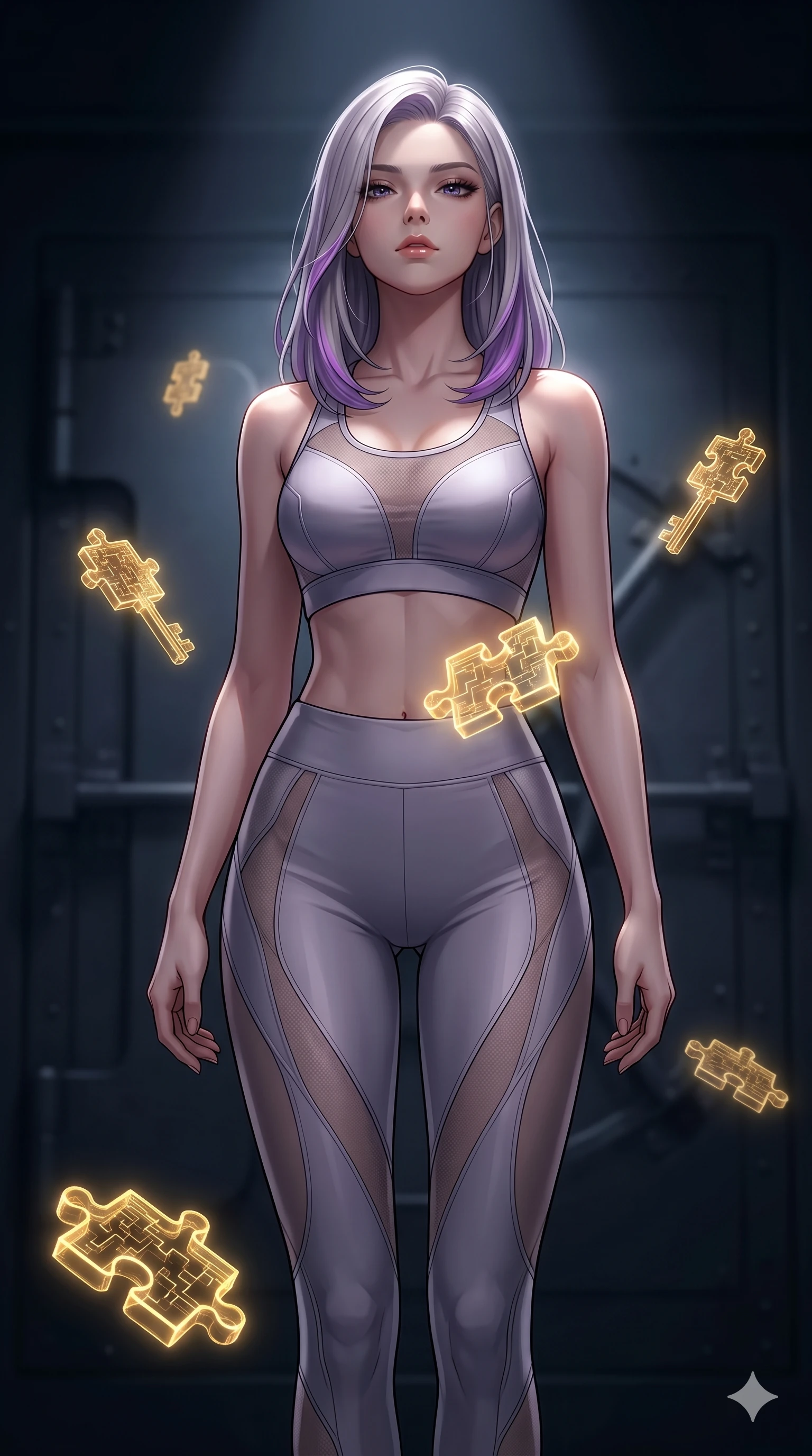 score_9, masterpiece, best quality, ultra-detailed, high-budget anime keyframe, editorial fashion photography, tasteful artistic composition, Caucasian woman, strictly human ears. cowboy shot from the thighs up, character and outfit filling the frame for maximum editorial presence. Tilting her chin up slightly with a composed, powerful expression, her eyes glancing downward inside a digital vault where encryption keys float like golden puzzle pieces. She has an absolutely perfect 8-heads proportion, an exceptionally tall and slender female figure with impossibly long slender legs and an ultra-slim waist. V-shaped jawline, high-bridge nose, intricate jewel-like eyes with depth, thick eyelashes, glossy lips with a natural sheen. wearing a high-fashion athletic set featuring a structured sports top and leggings with sheer-mesh contouring panels. under high-contrast theatrical lighting with a spotlight highlighting her face and shoulders. 2k, ultra detail, master piece, 9:16 ratio