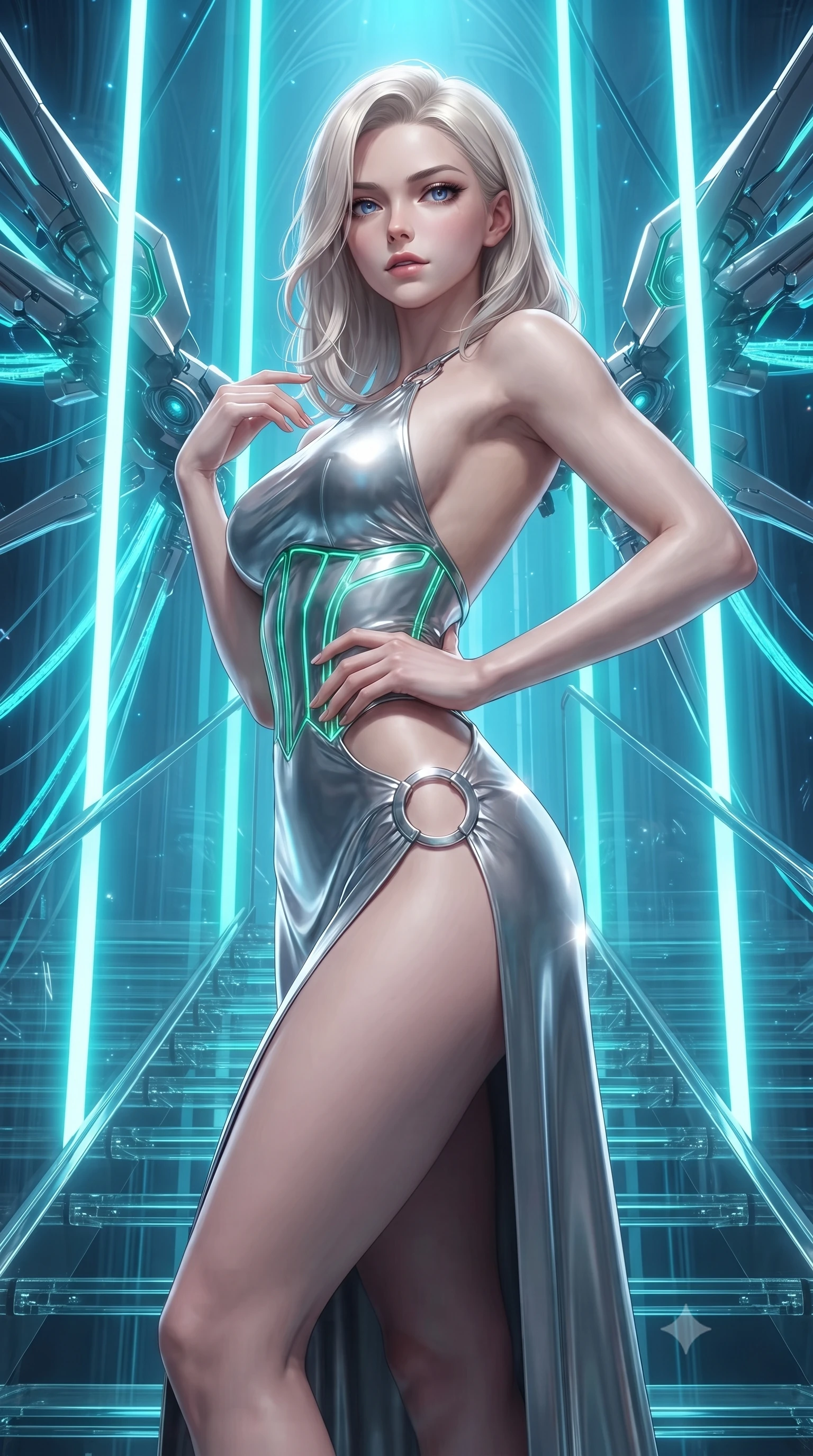 score_9, masterpiece, best quality, ultra-detailed, high-budget anime keyframe, editorial fashion photography, tasteful artistic composition, Caucasian woman. close-up cowboy shot from the waist and thighs up, the character dominates the composition, filling the frame with her large presence. twisting her upper body in a dynamic S-curve with commanding allure, one hand resting on her slender waist with haughty grace while ascending a suspended glass stairway illuminated by vertical neon light shafts with divine cybernetic majesty. The surrounding environment is rendered in vivid detail and crisp panoramic clarity. crisp mechanical wing joints, glowing fiber-optic cable conduits, and cathedral vault geometry in high resolution. She has an exceptionally elegant, slender, and willowy female figure with an ultra-slim waist, a gracefully sculpted slender torso, toned flat midriff, and a refined slim silhouette. sharp v-shaped jawline, high-bridge nose, intricate jewel-like eyes with depth, thick eyelashes, glossy lips with a natural sheen, flawlessly proportioned anatomical accuracy, strict slender model proportions, natural body alignment, perfectly sculpted long slender limbs, ultra-slim waistline, clean dynamic posture without body distortion. wearing a backless molten silver liquid-metal gown with a high-cut side slit and precision-fitted waist boning in radiant emerald green circuit lines and polished silver sheen, made of liquid jersey fabric that clings flawlessly to every contour of her build, detailed with polished silver rings connecting the daring side-waist cutouts, the precision-cut daring openings accentuating her delicate midriff, graceful bare collarbones, and ultra-slim feminine waistline. bathed in brilliant neon cyan halo backlighting and polished chrome surface reflections. ultra-reflective glossy finish, specular highlights, dark metallic sheen, high-contrast stereoscopic depth, volumetric dynamic lighting, 2k, ultra detail, master piece, 9:16 ratio