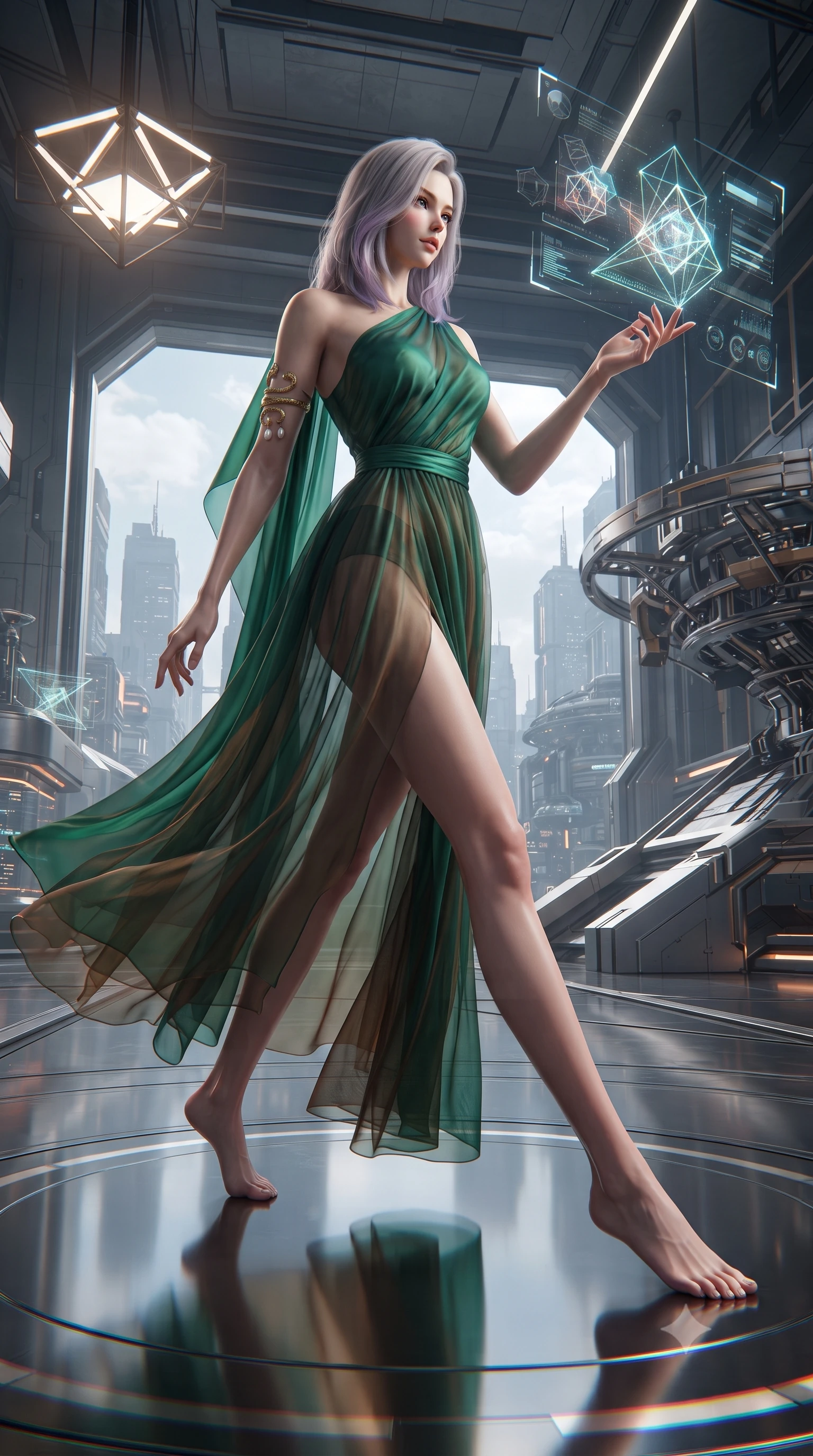score_9, masterpiece, best quality, ultra-detailed, high-budget anime keyframe, editorial fashion photography, tasteful artistic composition, Caucasian woman. low angle full-body shot from head to toe showing her feet, filling the entire 9:16 vertical frame with her statuesque presence, stretching her vertical silhouette. pivoting dynamically with supreme athletic balance and poise, her impossibly long slender legs creating a breathtaking line while reaching out one manicured hand to interact with a floating holographic geometry display with an intrigued expression. The surrounding environment is rendered in vivid detail and crisp panoramic clarity. detailed metallic fabric reflections, chromatic aberration rings, and geometric light fixtures in high clarity. She has an absolutely perfect, statuesque 8.5-heads proportion, an exceptionally tall and slender model-like female figure with impossibly long slender legs, a toned flat midriff, and an ultra-slim waist. sharp v-shaped jawline, high-bridge nose, intricate jewel-like eyes with depth, thick eyelashes, glossy lips with a natural sheen, captivating and magnetic expression, flawlessly proportioned anatomical accuracy, strict slender model proportions, natural body alignment, perfectly sculpted long slender limbs, ultra-slim waistline, clean dynamic posture without body distortion. wearing an ethereal emerald-green silk chiffon gown with an asymmetric shoulder drape and sheer layered skirt in deep emerald green and bronze, woven from airy multi-layered silk chiffon with a weightless drape, accented with a sculptured gold serpent armlet and pearl drops edition #13, the liquid-tight tailored fabric emphasizing every curve of her tall, slender model proportions and sculptured silhouette during dynamic movement. illuminated by clean geometric specular highlights tracing her sculpted torso and legs. ultra-reflective glossy finish, specular highlights, rich textural contrasts, high-contrast stereoscopic depth, volumetric dynamic lighting, 2k, ultra detail, master piece, 9:16 ratio