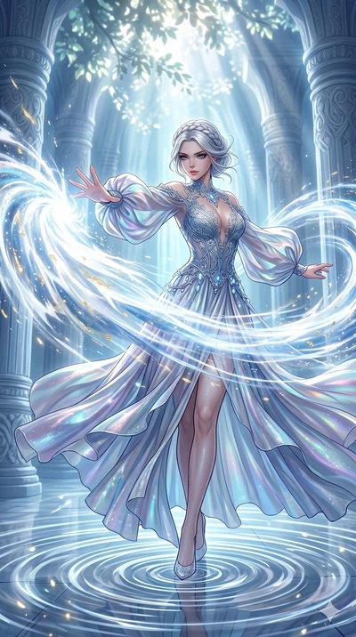 score_9, masterpiece, best quality, ultra-detailed, Set A: High-budget Anime Keyframe, Korean woman. Low angle cowboy shot filling the entire 9:16 frame with her statuesque presence. Theme: Ethereal Dream. unleashing a massive energy wave in a temple