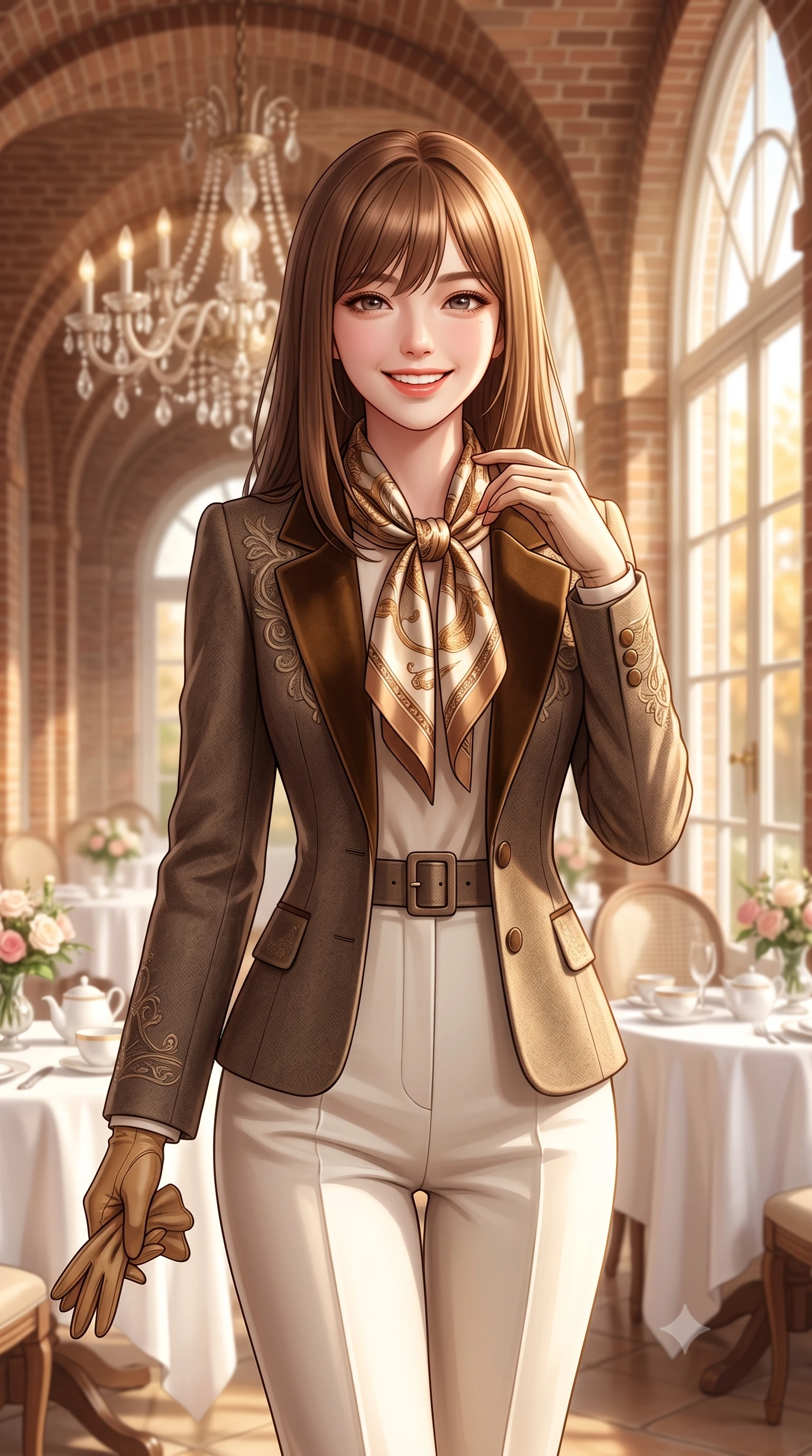 score_9, masterpiece, best quality, ultra-detailed, high-budget anime keyframe, semi-realistic 3D game render, editorial fashion photography, tasteful artistic composition, Korean woman. close-up cowboy shot from the waist and thighs up, the character dominates the composition, filling the frame with her large presence. touching her silk scarf with delicate fingertips while casting an affectionate, warm glance toward the lens while walking along the sunny brick arched gallery, her wool pleated skirt swaying in graceful cadence with each step. The background shows a soft-focus antique crystal chandelier and white linen tea tables softened in royal afternoon tea shallow focus. She has an exceptionally elegant, slender, and willowy female figure with an ultra-slim waist, flat toned midriff, narrow ribcage, and sculpted feminine hips creating an alluring, slim hourglass silhouette without bulk. sharp v-shaped jawline, high-bridge nose, intricate jewel-like sparkling eyes with depth, thick eyelashes, glossy parted lips with a natural peach sheen, bright cheerful beaming smile with an enchanting and coquettish sensual glint, exuding both youthful cute charm and seductive allure, flawlessly proportioned anatomical accuracy, strict slender model proportions, natural body alignment, perfectly sculpted long slender limbs, ultra-slim waistline, clean dynamic posture without body distortion. wearing a retro Art Deco embroidered wool blazer with velvet lapels paired with high-waisted pressed trousers in Swiss alpine snow white and oat cashmere, made of luxurious brushed wool flannel with rich textural depth and clean structure, complemented by buttery leather gloves held delicately in one manicured hand, the structured cinched belt emphasizing her narrow waistline and gracefully balanced proportions with timeless haute-couture polish. bathed in warm 3200K autumn sunlight streaming through floor-to-ceiling arched south-facing conservatory windows. highly saturated vibrant anime colors, detailed shading with soft gradients, rich glossy textures, high-contrast stereoscopic depth, volumetric dynamic lighting, master piece, 9:16 ratio