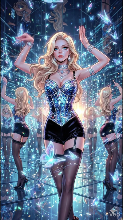 A cinematic 8-second video of a blonde woman standing in a futuristic mirrored room filled with glowing holographic data. Radiant blue crystal butterflies flutter through the air, leaving trails of light. The reflections in the mirrors create a mesme