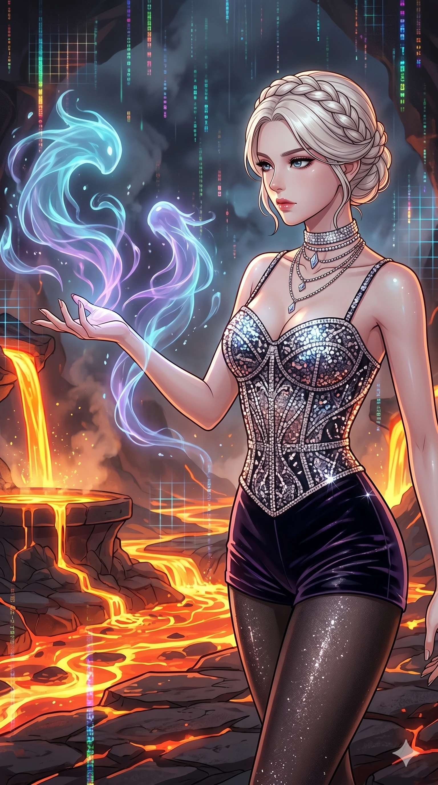 score_9, masterpiece, best quality, ultra-detailed, high-budget anime movie keyframe, cinematic anime lighting, intricate line art, Korean woman. Medium shot of upper body capturing the intricate details of her high-fashion attire. summoning mystical spirits in a volcanic lava forge with holographic rain. She has an absolutely perfect 8-heads proportion, an exceptionally tall and slender female figure with an ultra-slim waist and impossibly long slender legs. sharp v-shaped jawline, high-bridge nose, intricate jewel-like eyes, thick eyelashes, glossy lips. Wearing luxurious K-pop idol stage outfit featuring a sparkling sequined bodice, velvet shorts, and elegant tights, accessorized with crystal chokers. The scene is illuminated by dramatic atmospheric lighting and vibrant color palettes. , 2k, ultra detail, master piece, 9:16 ratio