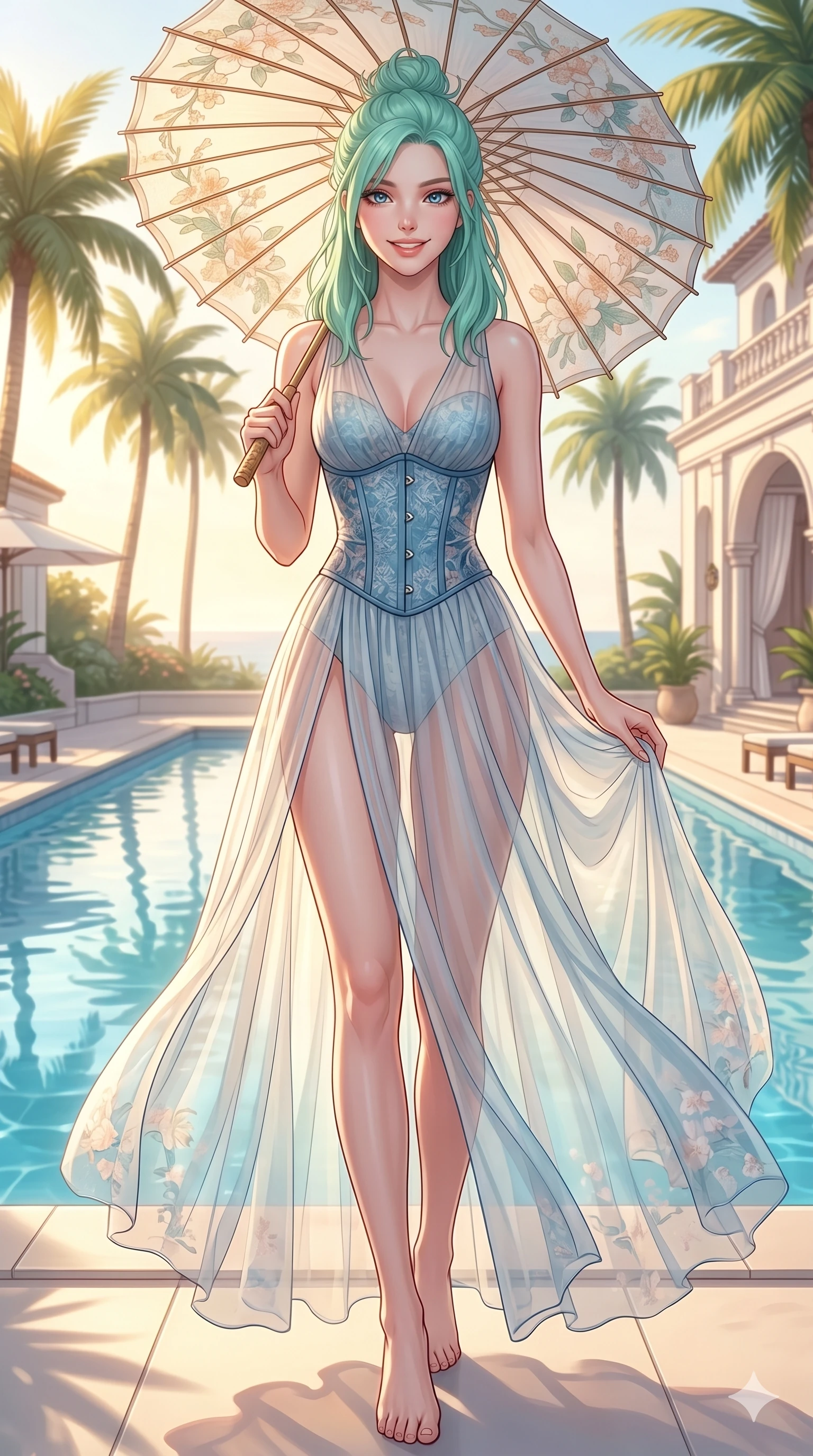score_9, masterpiece, best quality, ultra-detailed, high-budget anime keyframe, vibrant anime aesthetic, Japanese woman. cowboy shot from the thighs up, character and outfit filling the frame for maximum presence. She is holding a parasol with a bright, charming smile, looking directly at the lens by a private resort pool under bright afternoon sun (Code-P20-163). She has an absolutely perfect 8-heads proportion, an exceptionally tall and slender female figure with impossibly long slender legs and an ultra-slim waist. V-shaped jawline, high-bridge nose, intricate jewel-like eyes with depth, thick eyelashes, glossy lips with a natural sheen. wearing a sheer chiffon dress with a blue corset bodice. She is bathed in soft, radiant golden hour sun casting long, elegant shadows around her. 2k, ultra detail, master piece, 9:16 ratio