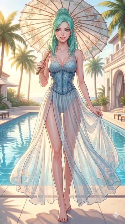 score_9, masterpiece, best quality, ultra-detailed, high-budget anime keyframe, vibrant anime aesthetic, Japanese woman. cowboy shot from the thighs up, character and outfit filling the frame for maximum presence. She is holding a parasol with a brig