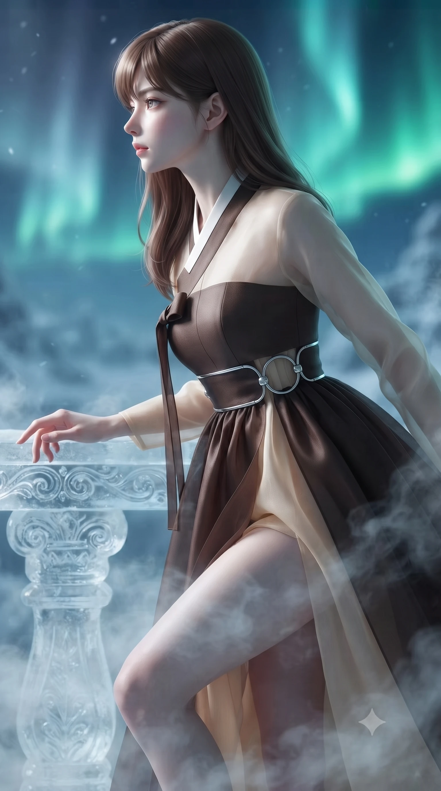 score_9, masterpiece, best quality, ultra-detailed, high-budget anime keyframe, editorial fashion photography, tasteful artistic composition, Korean woman. close-up cowboy shot from the waist and thighs up, the character dominates the composition, filling the frame with her large presence, background elements kept in soft focus. Turning her face in sharp profile while her upper body leans forward with poised athletic grace while resting her fingers gracefully near a carved ice balustrade as frosty mist drifts nearby, sub-zero mist swirling gently around her long slender legs and athletic build. She has an exceptionally elegant, slender, and willowy female figure with an ultra-slim waist, a gracefully sculpted slender torso, and a refined silhouette. sharp v-shaped jawline, high-bridge nose, intricate jewel-like eyes with depth, thick eyelashes, glossy lips with a natural sheen, flawlessly proportioned anatomical accuracy, natural body alignment, perfectly sculpted elegant limbs, clean dynamic posture without body distortion. wearing a modern fusion silk hanbok dress with a structured bodice and flowing skirt in espresso brown and warm cream, woven from fine semi-opaque sheer organza, accented with delicate chrome ring hardware framing her waist, the elegant draped fit framing her graceful clavicle and slender torso. bathed in crisp silver moonlight and vivid cyan-green polar aurora backlighting. ultra-reflective glossy finish, specular highlights, metallic sheen, high-contrast stereoscopic depth, volumetric dynamic lighting, 2k, ultra detail, master piece, 9:16 ratio