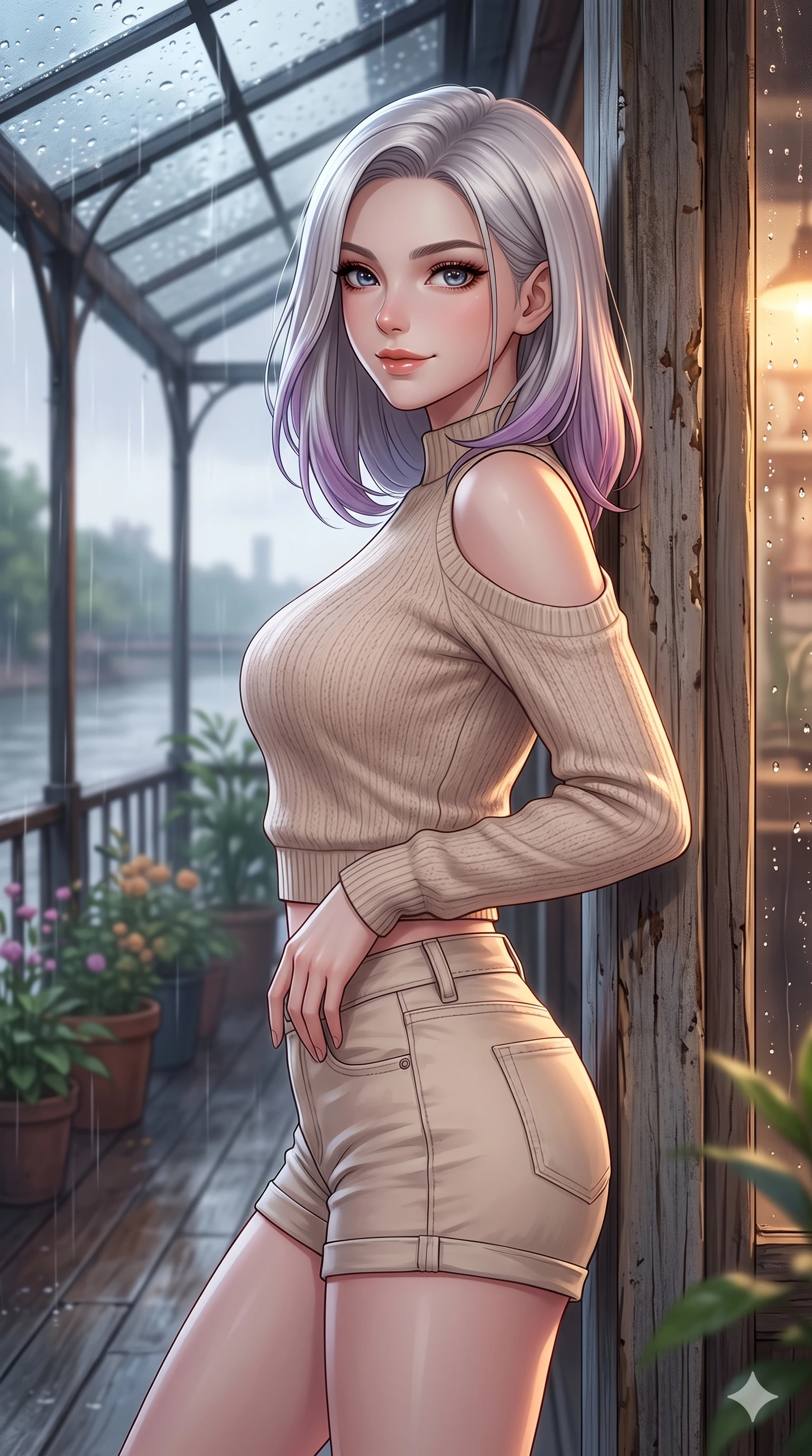 score_9, masterpiece, best quality, ultra-detailed, high-budget anime keyframe, vibrant anime aesthetic, Caucasian woman, strictly human ears. close-up cowboy shot from the waist and thighs up, the character dominates the composition, filling the frame with her large presence, background elements kept in soft focus. She is posing with a confident, magnetic smile, one hand on her waist, looking over her shoulder at the camera leaning against a rustic wooden column. the background shows a soft-focus scenic river bank deck decorated with potted plants, under an elegant glass canopy in the rain (Code-P22-105). She has an absolutely perfect proportion, an exceptionally elegant and slender female figure with an ultra-slim waist. V-shaped jawline, high-bridge nose, intricate jewel-like eyes with depth, thick eyelashes, glossy lips with a natural sheen. wearing a cold-shoulder knit top with a cropped waistline and denim shorts in soft beige. She is illuminated by dramatic rim lights from a vintage shop window, adding depth to her jewel-like eyes during the twilight rain. 2k, ultra detail, master piece, 9:16 ratio