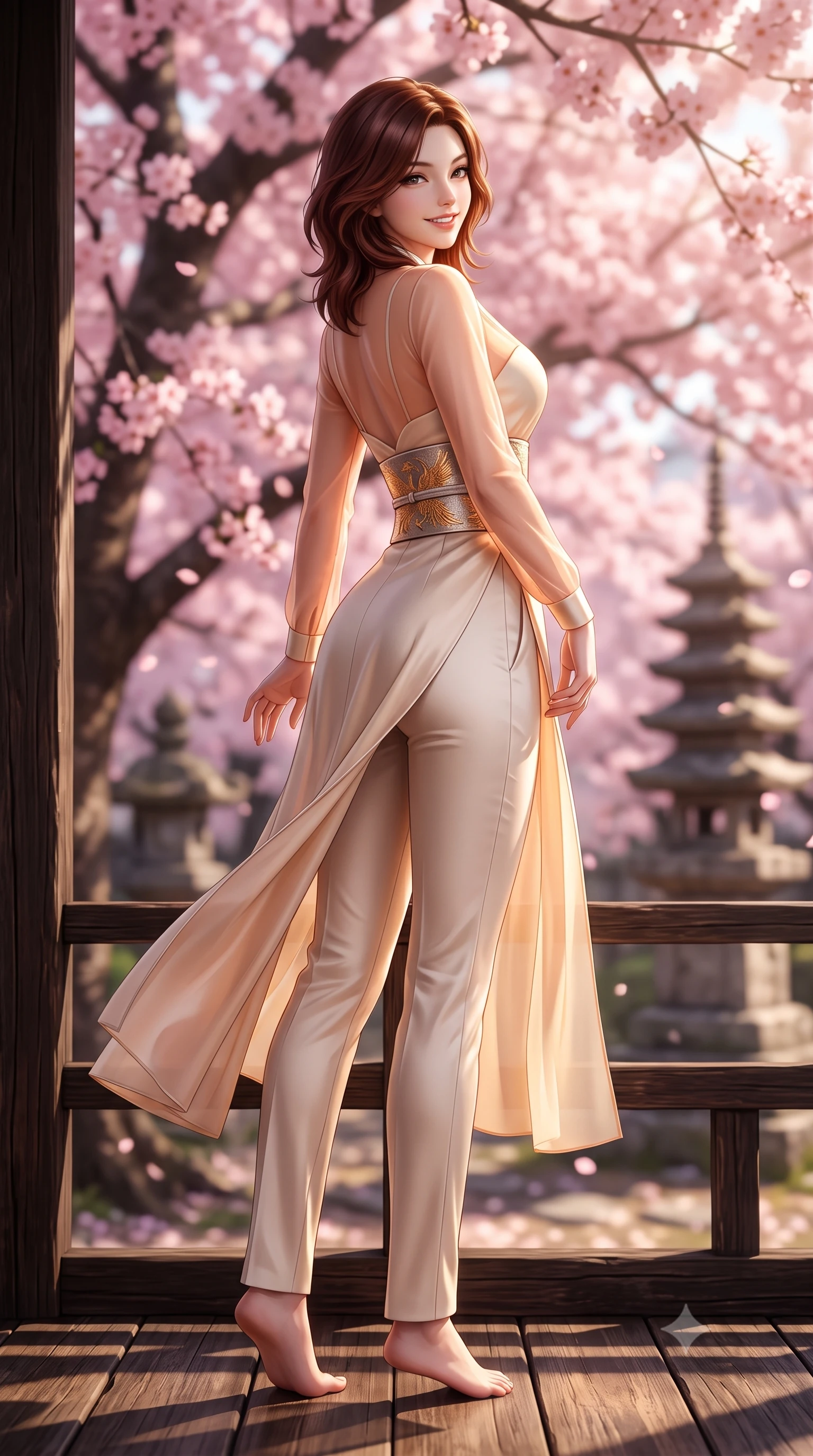score_9, masterpiece, best quality, ultra-detailed, high-budget anime keyframe, semi-realistic 3D game render, editorial fashion photography, tasteful artistic composition, Korean woman. low angle full-body shot from head to toe showing her feet, filling the entire 9:16 vertical frame with her statuesque presence, stretching her vertical silhouette. executing a graceful dancer pivot turn as her layered silk chima skirt flutters around her slender legs, glancing over her shoulder with an intoxicating bedroom-gaze while sitting perched on the wooden veranda of a historic Yanaka machiya house, arching her lower back with a radiant, teasing smile as sakura petals flutter. The background shows a soft-focus drifting pink cherry blossoms from a massive blooming tree and historic temple stone pagodas blurred into sakura pink, honey, and charcoal bokeh. She has an absolutely perfect, statuesque 8.5-heads proportion, an exceptionally tall and slender model-like female figure with impossibly long slender legs, an ultra-slim waist, a flat toned midriff, narrow delicate ribcage, and beautifully sculpted feminine hips creating a graceful, slim hourglass silhouette without any bulky heaviness. sharp v-shaped jawline, high-bridge nose, intricate jewel-like dark sparkling almond eyes with depth, thick lashes, glossy parted lips with a natural rose-plum sheen, bright alluring and coquettish smile with bedroom-eyes, exuding both timeless oriental elegance and sovereign high-fashion allure, flawlessly proportioned anatomical accuracy, strict slender model proportions, natural body alignment, perfectly sculpted long slender limbs, ultra-slim waistline, clean dynamic posture without body distortion. wearing a sheer technical mesh and silk hanbok blouse worn over a sculpted sweetheart bustier with high-waisted tailored silk trousers in warm peach apricot and soft vanilla silk, made of supple second-skin stretch silk jersey clinging flawlessly to her form, finished with a wide metallic obi sash with intricate embroidered phoenix motifs, the precision-cut side hip slits and low-back scoop framing her graceful spine and the sensual sweep of her slim, toned hips. bathed in warm, soft spring afternoon sunlight filtering through pink blossom branches. highly saturated vibrant anime colors, detailed shading with soft gradients, rich glossy textures, high-contrast stereoscopic depth, volumetric dynamic lighting, master piece, 9:16 ratio