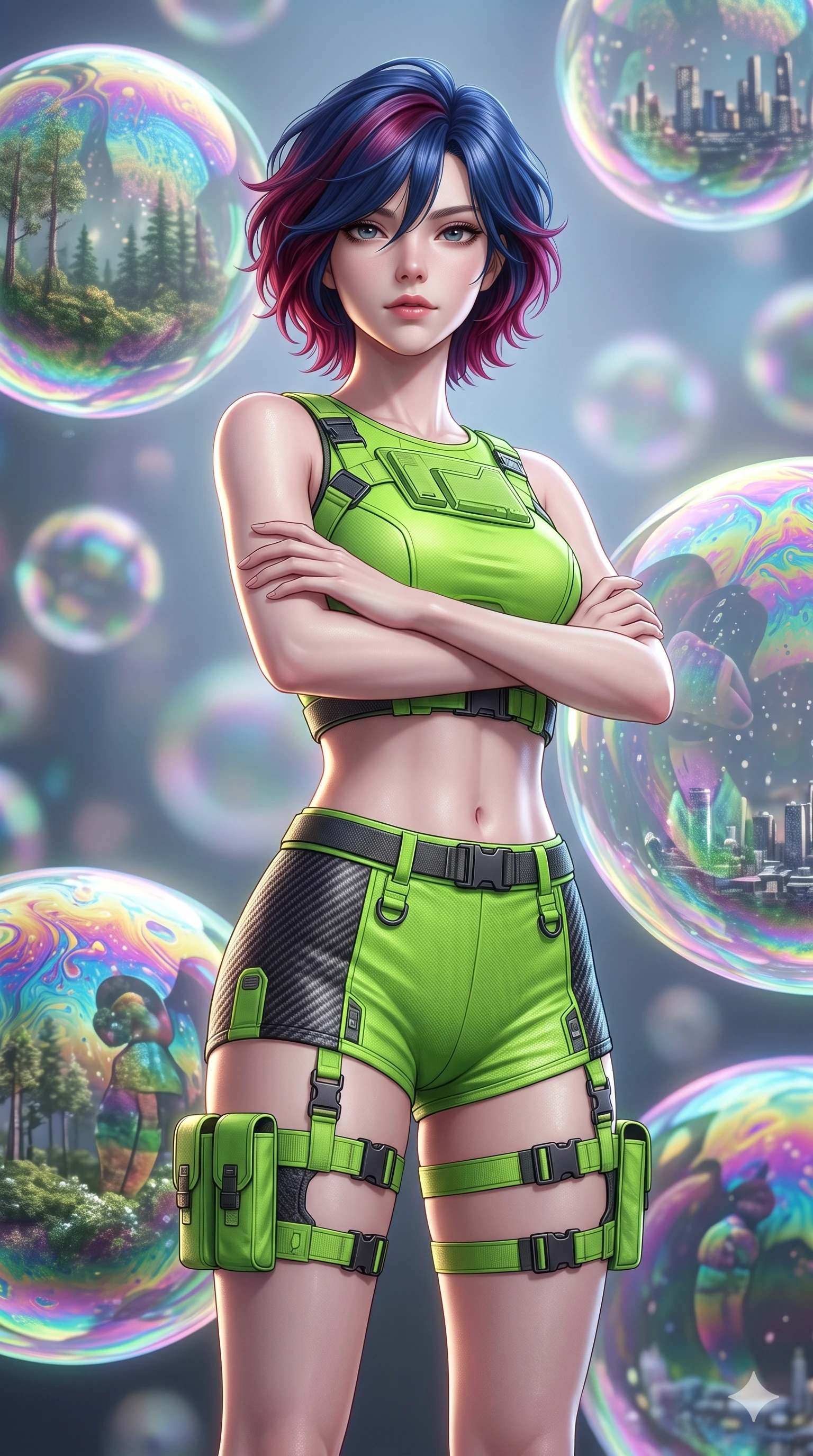 score_9, masterpiece, best quality, ultra-detailed, high-budget anime keyframe, editorial fashion photography, tasteful artistic composition, Korean woman. close-up cowboy shot from the waist and thighs up, the character dominates the composition, filling the frame with her large presence, background elements kept in soft focus. Crossing her arms with serene confidence and chin slightly raised. set against a soft-focus background of a dimension filled with enormous iridescent soap bubbles each containing a perfectly detailed miniature world within its shimmering membrane surfaces rippling with rainbow oil-slick patterns. She has an exceptionally elegant and slender, willowy female figure with an ultra-slim waist, a gracefully sculpted slender torso, and a refined slim physique. sharp v-shaped jawline, high-bridge nose, intricate jewel-like eyes with depth, thick eyelashes, glossy lips with a natural sheen. wearing a cyber-tactical crop top in neon green with an exposed midriff, paired with matching high-cut carbon fiber shorts and thigh straps. soft glowing ambient light with sharp side key light tracing the sleek contours of her figure. 2k, ultra detail, master piece, 9:16 ratio