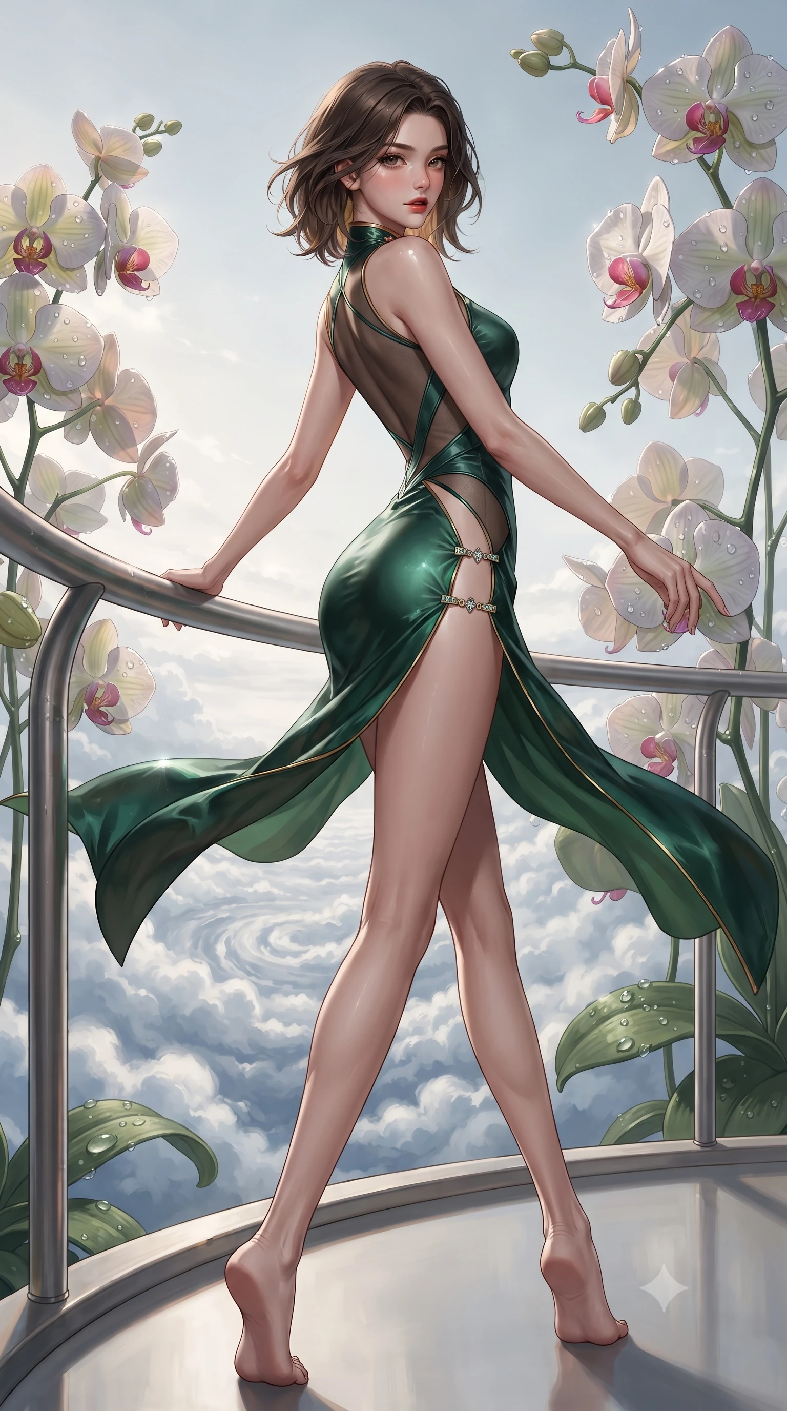 score_9, masterpiece, best quality, ultra-detailed, high-budget anime keyframe, editorial fashion photography, tasteful artistic composition, Korean woman. low angle full-body shot from head to toe showing her feet, filling the entire 9:16 vertical frame with her statuesque presence, stretching her vertical silhouette. executing an elegant mid-motion pivot turn as garments swirl around her slender limbs, glancing over her shoulder with an intoxicating bedroom-gaze while leaning forward over the curved titanium balcony railing amidst towering exotic orchids, looking back as cloud seas swirl below. The surrounding environment is rendered in vivid detail and crisp panoramic clarity. detailed high-tech fabric sheen, water droplet beads on orchids, and cloud texture clarity in high resolution. She has an exceptionally tall and slender model-like 8.5-heads proportion, an ultra-slim waist, a flat toned midriff, narrow delicate ribcage, and beautifully sculpted feminine hips creating a graceful, slim hourglass silhouette without any bulky heaviness, with impossibly long slender legs. sharp v-shaped jawline, high-bridge nose, intricate jewel-like eyes with depth, thick eyelashes, glossy parted lips with a natural sheen, intensely captivating and seductive bedroom-eyes expression, flawlessly proportioned anatomical accuracy, strict slender model proportions, natural body alignment, perfectly sculpted long slender limbs, ultra-slim waistline, clean dynamic posture without body distortion. wearing a wet-look silk fusion wrap dress with asymmetrical sheer mesh cutouts and high Mandarin collar in deep emerald green satin and gold hardware, tailored from second-skin aerodynamic stretch vinyl with specular wet sheen, finished with an ultra-high side slit secured by miniature jeweled clasps, the second-skin form-contouring cut accentuating her sculpted flat midriff, narrow delicate ribcage, and gracefully curvy hips with supermodel precision. illuminated by wet specular highlights accentuating her slender neckline, sculpted waist, and rounded hips. ultra-reflective glossy finish, specular highlights, rich textural contrasts, high-contrast stereoscopic depth, volumetric dynamic lighting, 2k, ultra detail, master piece, 9:16 ratio
