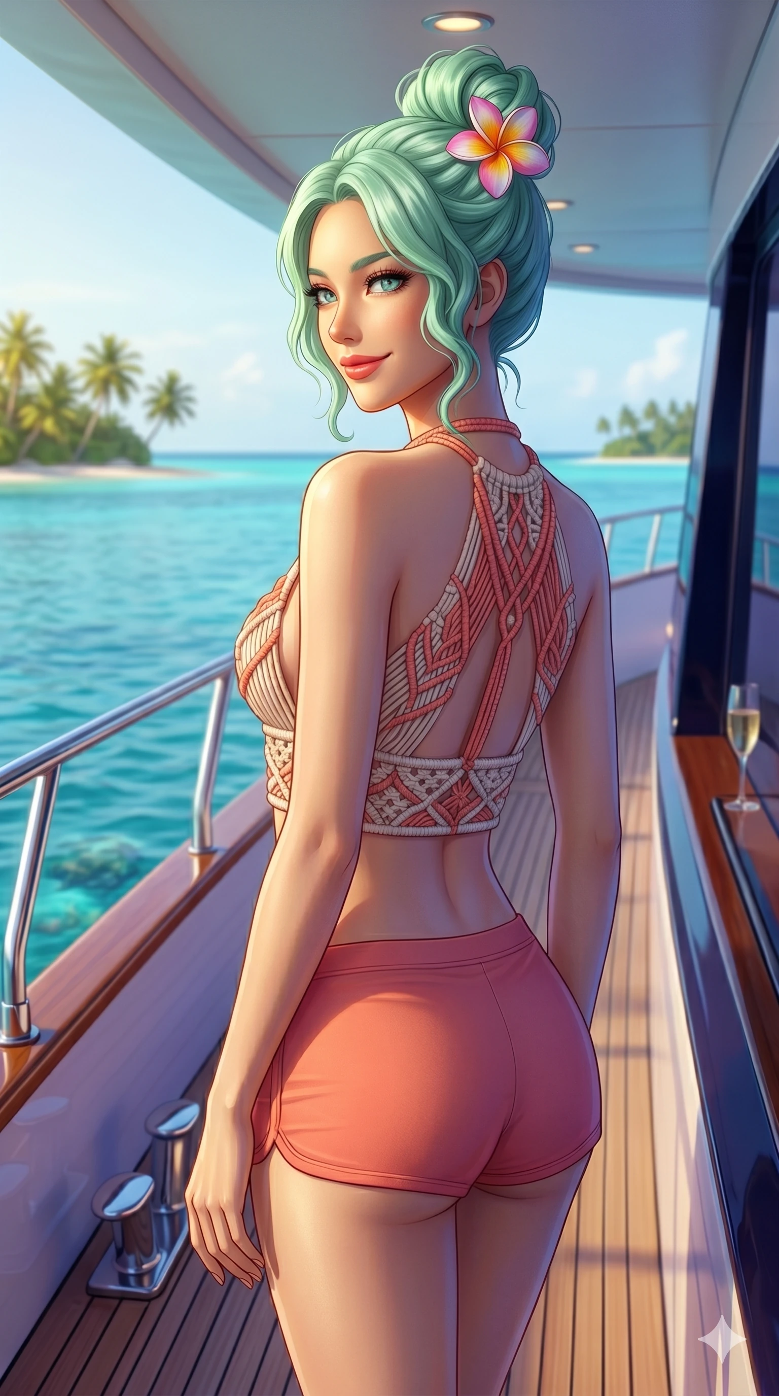 score_9, masterpiece, best quality, ultra-detailed, high-budget anime keyframe, editorial fashion photography, tasteful artistic composition, Japanese woman. cowboy shot from the thighs up, character and outfit filling the frame for maximum editorial presence. holding a tropical flower, looking over her shoulder with a teasing smile on a private yacht deck with a warm tropical sea breeze at midday (Code-P19-083). She has an absolutely perfect 8-heads proportion, an exceptionally tall and slender female figure with impossibly long slender legs and an ultra-slim waist. V-shaped jawline, high-bridge nose, intricate jewel-like eyes with depth, thick eyelashes, glossy lips with a natural sheen. wearing a crop top with a plunging halter neck in coral-patterned macramé, exposing her bare midriff, and micro-shorts. soft blue twilight glow mixed with warm beach light, tracing her jawline and nose. 2k, ultra detail, master piece, 9:16 ratio