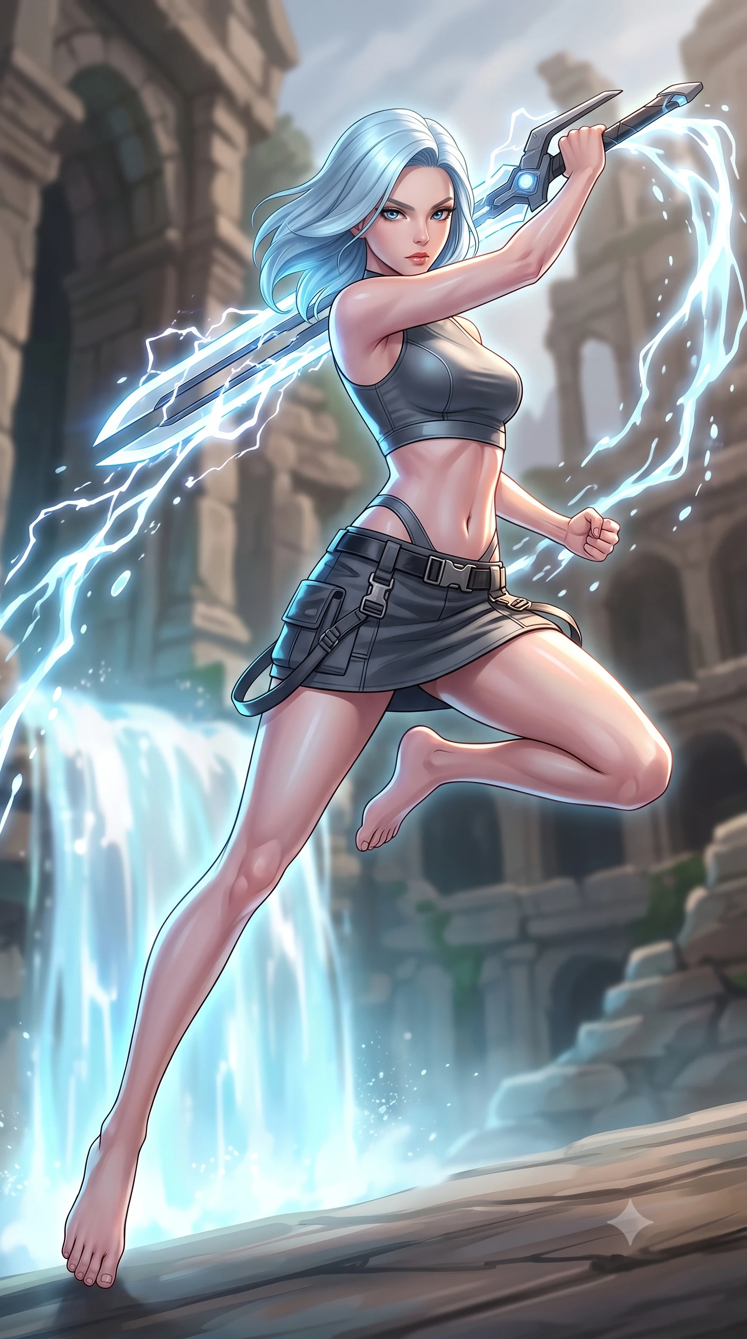 score_9, masterpiece, best quality, ultra-detailed, high-budget anime keyframe, editorial fashion photography, tasteful artistic composition, Korean woman. low angle full-body shot from head to toe showing her feet, filling the entire 9:16 vertical frame with her statuesque presence, stretching her vertical silhouette. leaping forward while slashing with a twin-bladed plasma sword in mid-air, her body-contouring suit showing her athletic silhouette, the background shows a soft-focus ancient stone ruins built next to a cascade of glowing liquid energy. She has an absolutely perfect, statuesque 8.5-heads proportion, an exceptionally tall and slender model-like female figure with impossibly long slender legs and an ultra-slim waist. sharp v-shaped jawline, high-bridge nose, intricate jewel-like eyes with depth, thick eyelashes, glossy lips with a natural sheen. wearing a slim-fit modern carbon-alloy crop top paired with a low-rise tactical skirt and a subtle waist cut-out. cascades of glowing liquid plasma energy tracing a rim light on her form. highly saturated vibrant anime colors, detailed shading with soft gradients, rich glossy textures, high-contrast stereoscopic depth, volumetric dynamic lighting, master piece, 9:16 ratio