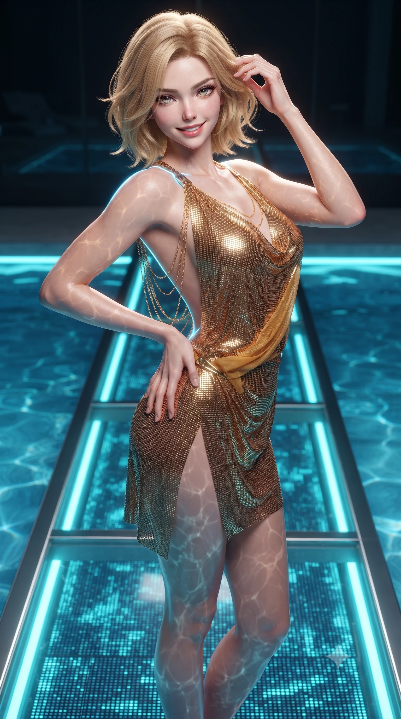 score_9, masterpiece, best quality, ultra-detailed, high-budget anime keyframe, editorial fashion photography, tasteful artistic composition, Caucasian woman. close-up cowboy shot from the waist and thighs up, the character dominates the composition, filling the frame with her large presence. twisting her slender torso in an alluring contrapposto stance, one hand resting on her sculpted hip while her fingers toy with her hair with effortless poise while standing poised on the narrow transparent glass catwalk hovering over the illuminated pool, arching her spine with breathtaking daring. The surrounding environment is rendered in vivid detail and crisp panoramic clarity: sharp digital screen sub-pixel patterns under water, glass catwalk tread edges, and polished titanium coping in deep focus. She has an exceptionally elegant, slender, and willowy female figure with an ultra-slim waist, flat toned midriff, narrow ribcage, and sculpted feminine hips creating an alluring, slim hourglass silhouette without bulk. sharp v-shaped jawline, high-bridge nose, sparkling eyes with hypnotic seductive depth, thick curled eyelashes, glossy parted lips with a natural dewy peach sheen, alluring bedroom-eyes with an enchanting coquettish smile, exuding magnetic siren charisma and sophisticated glamour, flawlessly proportioned anatomical accuracy, strict slender model proportions, natural body alignment, perfectly sculpted long slender limbs, ultra-slim waistline, clean dynamic posture without body distortion. wearing a draped Greek-goddess style silk chiffon mini toga dress with an open back and golden hip fibula in warm amber honey and antique gold leaf, crafted from shimmering fluid chainmail mesh reflecting ambient lights, accented with an open-back drape framed by falling strands of delicate gold chains, the high-slit wrap tailoring accentuating her ultra-slim waistline and the enchanting curve of her feminine hips with alluring seductive charm. illuminated by water surface caustic reflections and sharp electric-cyan rim lights defining her delicate clavicles, narrow waist, and curvy hips. ultra-reflective glossy finish, specular highlights, rich textural contrasts, high-contrast stereoscopic depth, volumetric dynamic lighting, 2k, ultra detail, master piece, 9:16 ratio
