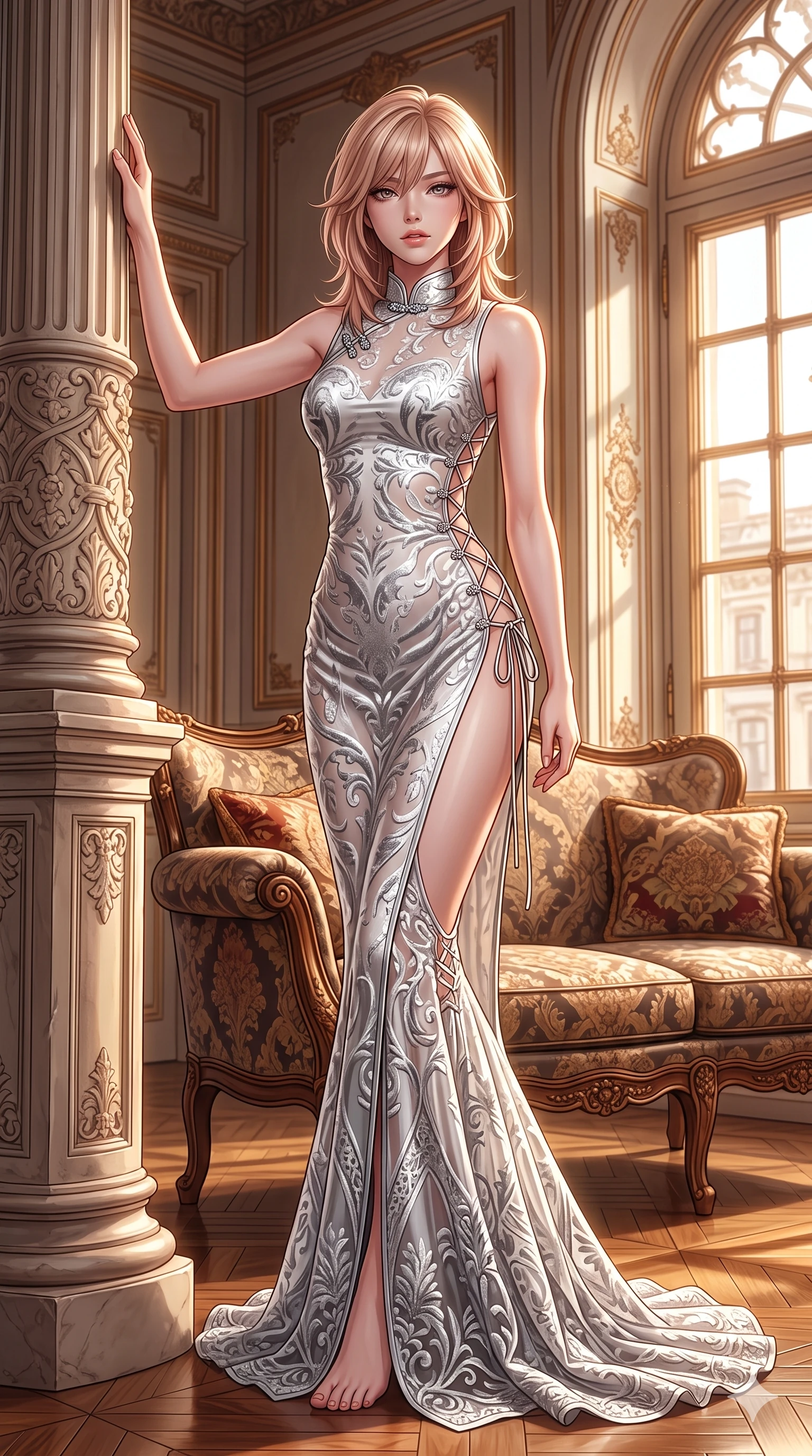 score_9, masterpiece, best quality, ultra-detailed, high-budget anime keyframe, semi-realistic 3D game render, editorial fashion photography, tasteful artistic composition, Japanese woman. low angle full-body shot from head to toe showing her feet, filling the entire 9:16 vertical frame with her statuesque presence, stretching her vertical silhouette. standing tall beside the carved palazzo column, one hand resting high while arching her lower back to emphasize her sculpted feminine hips and slender waist while twisting her slender torso in an alluring contrapposto stance beside the settee, antique silk embroidery reflections tracing her narrow waist and curvy hips. The surrounding environment is rendered in vivid detail and crisp panoramic clarity: detailed mermaid gown tailoring, open-waist architecture, and aristocratic interior furnishings in razor-sharp precision. She has an exceptionally tall and slender model-like 8.5-heads proportion, an ultra-slim waist, a flat toned midriff, narrow delicate ribcage, and beautifully sculpted feminine hips creating a graceful, slim hourglass silhouette without any bulky heaviness, with impossibly long slender legs. sharp v-shaped jawline, high-bridge nose, intricate jewel-like sparkling eyes with depth, thick eyelashes, glossy parted lips with a natural sheen, intensely captivating and seductive bedroom-eyes expression, exuding both youthful cute charm and sovereign luxury allure, flawlessly proportioned anatomical accuracy, strict slender model proportions, natural body alignment, perfectly sculpted long slender limbs, ultra-slim waistline, clean dynamic posture without body distortion. wearing an alluring high-slit wrap cheongsam secured by miniature jeweled clasps and revealing the curve of her hip in shimmering silver mercury and pearl white, made of sheer contouring power-mesh with velvet flocking patterns, featuring fine criss-cross lace-up side ties revealing tantalizing glimpses of her hip curve, the liquid-tight tailored fabric clinging flawlessly to her narrow waist and rounded feminine hips, emphasizing every millimeter of her sculpted slim hourglass curves without any bulky heaviness. illuminated by polished parquet bounce and sharp bronze-amber rim lights sculpting her razor-sharp jawline, narrow waist, and curvy hips. highly saturated vibrant anime colors, detailed shading with soft gradients, rich glossy textures, high-contrast stereoscopic depth, volumetric dynamic lighting, master piece, 9:16 ratio