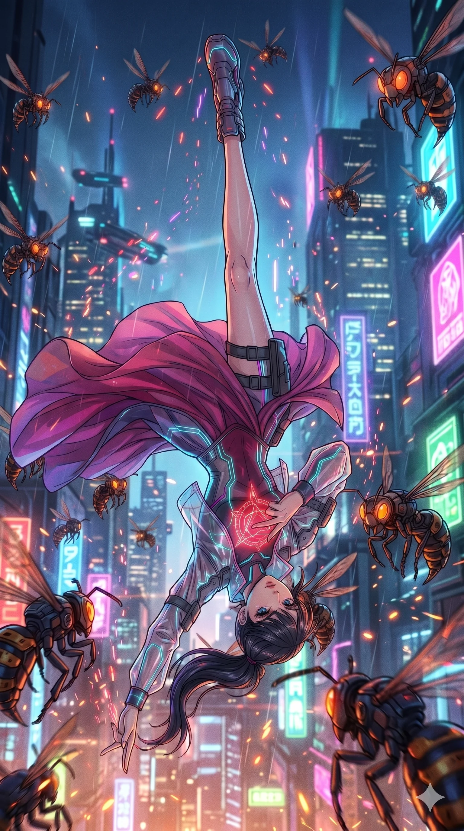 score_9, masterpiece, best quality, ultra-detailed, high-budget anime movie keyframe, cinematic anime lighting, intricate line art, Japanese woman. Mid-air action shot capturing a graceful twist and vertical silhouette. drawing a sigil on her own chest that pulses with red light. She has an absolutely perfect 8-heads proportion, an exceptionally tall and slender female figure with an ultra-slim waist and impossibly long slender legs. strictly human anatomy, two legs only, no extra limbs, clearly defined legs and arms, perfect anatomy, perfect hands and fingers. sharp v-shaped jawline, high-bridge nose, intricate jewel-like eyes, thick eyelashes, glossy lips. Wearing Tech-Fantasy: Cybernetic tech-suit with glowing seams, translucent PVC over leotard, and modular tactical gear. The scene is illuminated by dramatic atmospheric lighting and vibrant color palettes. , 2k, ultra detail, master piece, 9:16 ratio
