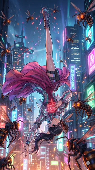 score_9, masterpiece, best quality, ultra-detailed, high-budget anime movie keyframe, cinematic anime lighting, intricate line art, Japanese woman. Mid-air action shot capturing a graceful twist and vertical silhouette. drawing a sigil on her own che