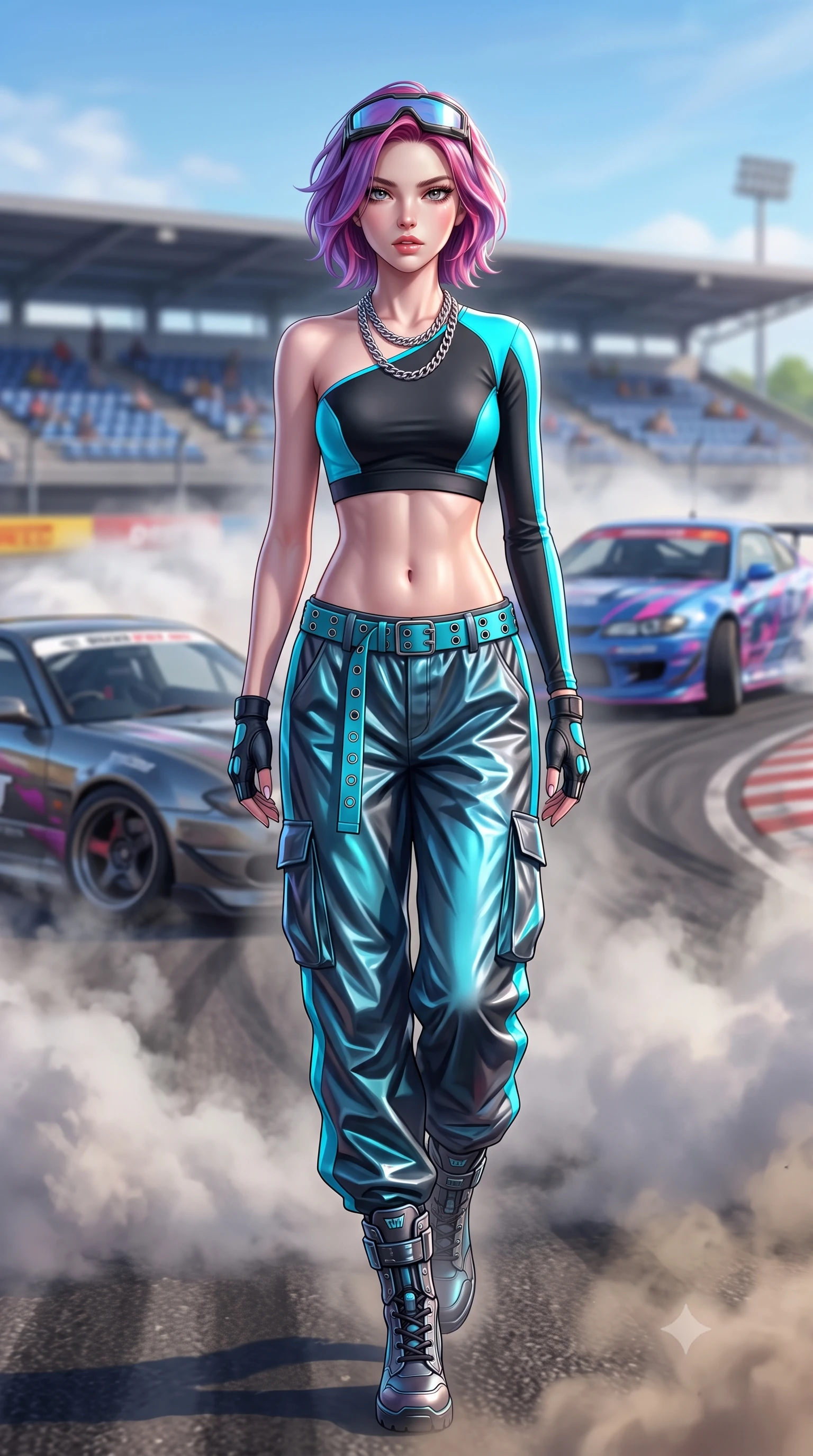 score_9, masterpiece, best quality, ultra-detailed, high-budget anime keyframe, semi-realistic 3D game render, editorial fashion photography, tasteful artistic composition, Caucasian woman. low angle full-body shot from head to toe showing her feet, filling the entire 9:16 vertical frame with her statuesque presence, stretching her vertical silhouette. reclining back languidly with one knee bent and spine arched in a breathtaking dancer line, commanding the entire 9:16 vertical frame while stepping forward with proud runway strides amidst rising tire smoke, her statuesque vertical presence commanding the frame. The composition keeps background elements in soft focus with creamy bokeh. roaring drift cars and grandstand bleachers softened in dynamic shallow depth of field. She has an absolutely perfect, statuesque 8.5-heads proportion, an exceptionally tall and slender model-like female figure with impossibly long slender legs, a toned flat midriff, and an ultra-slim waist. sharp v-shaped jawline, high-bridge nose, intricate jewel-like eyes with depth, thick eyelashes, glossy parted lips with a natural sheen, intensely captivating and seductive expression, flawlessly proportioned anatomical accuracy, strict slender model proportions, natural body alignment, perfectly sculpted long slender limbs, ultra-slim waistline, clean dynamic posture without body distortion. wearing an asymmetric single-sleeve moto crop top paired with baggy metallic parachute trousers and grommet belt in carbon matte black and neon electric cyan, crafted from compression knit fabric sculpting her athletic hourglass lines, accessorized with a chunky chrome chain necklace and cyber-visor goggles on her brow, the athletic second-skin cut highlighting her toned flat midriff and slender model proportions during dynamic action. illuminated by crisp directional rim lighting sharply defining her razor-sharp jawline and feminine curves. highly saturated vibrant anime colors, detailed shading with soft gradients, rich glossy textures, high-contrast stereoscopic depth, volumetric dynamic lighting, master piece, 9:16 ratio