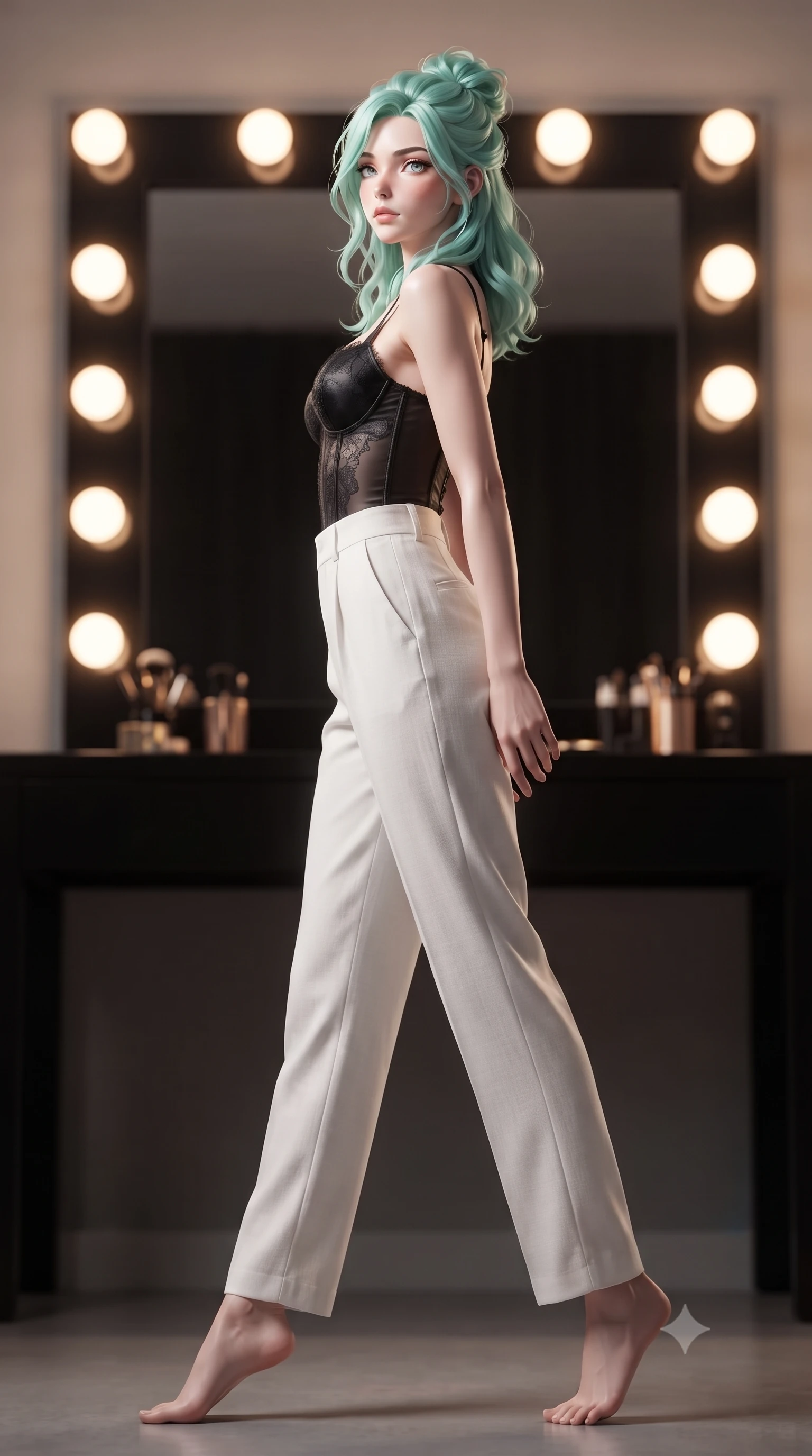 score_9, masterpiece, best quality, ultra-detailed, high-budget anime keyframe, editorial fashion photography, tasteful artistic composition, Japanese woman woman. low angle full-body shot from head to toe showing her feet, filling the entire 9:16 vertical frame with her statuesque presence, stretching her vertical silhouette. stepping gracefully while looking back over her shoulder, her dress draped tightly to reveal her silhouette the background shows a soft-focus a private dressing room with a vanity mirror of black glass and warm round lightbulbs. She has an absolutely perfect, statuesque 8.5-heads proportion, an exceptionally tall and slender model-like female figure with impossibly long slender legs and an ultra-slim waist. sharp v-shaped jawline, high-bridge nose, intricate jewel-like eyes with depth, thick eyelashes, glossy lips with a natural sheen. wearing a body-hugging delicate lace corset top in black silk, paired with high-waisted white linen trousers. bright vanity spotlights casting clear, detailed front lighting and soft back shadow. ultra-reflective glossy finish, specular highlights, metallic sheen, high-contrast stereoscopic depth, volumetric dynamic lighting, 2k, ultra detail, master piece, 9:16 ratio