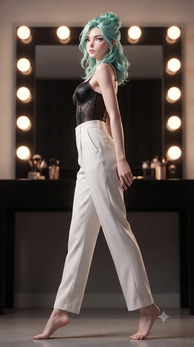 score_9, masterpiece, best quality, ultra-detailed, high-budget anime keyframe, editorial fashion photography, tasteful artistic composition, Japanese woman woman. low angle full-body shot from head to toe showing her feet, filling the entire 9:16 ve
