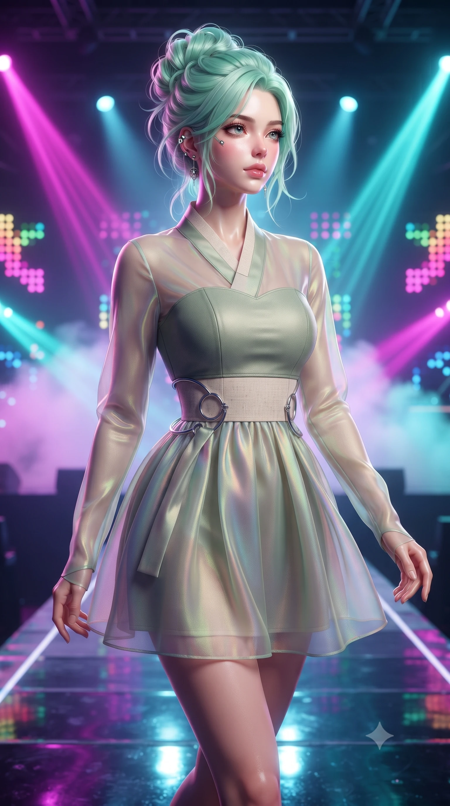 score_9, masterpiece, best quality, ultra-detailed, high-budget anime keyframe, editorial fashion photography, tasteful artistic composition, Japanese woman. close-up cowboy shot from the waist and thighs up, the character dominates the composition, filling the frame with her large presence, background elements kept in soft focus. Gazing past the camera with an air of effortless elegance and mysterious confidence walking down a shiny dark stage catwalk under pulsing multi-color LED arrays, intense volumetric laser beams cutting through stage fog in magenta and cyan. She has an exceptionally elegant, slender, and willowy female figure with an ultra-slim waist, a gracefully sculpted slender torso, and a refined silhouette. sharp v-shaped jawline, high-bridge nose, intricate jewel-like eyes with depth, thick eyelashes, glossy lips with a natural sheen. wearing a modern fusion silk hanbok dress with a structured bodice in sage green and oatmeal, crafted from iridescent chiffon that shifts colors in the light, accented with delicate chrome ring hardware framing her waist, the glove-like fit emphasizing her statuesque silhouette. bathed in intense volumetric stage spotlights and vivid neon rim lights. highly saturated vibrant anime colors, detailed shading with soft gradients, rich glossy textures, high-contrast stereoscopic depth, volumetric dynamic lighting, master piece, 9:16 ratio