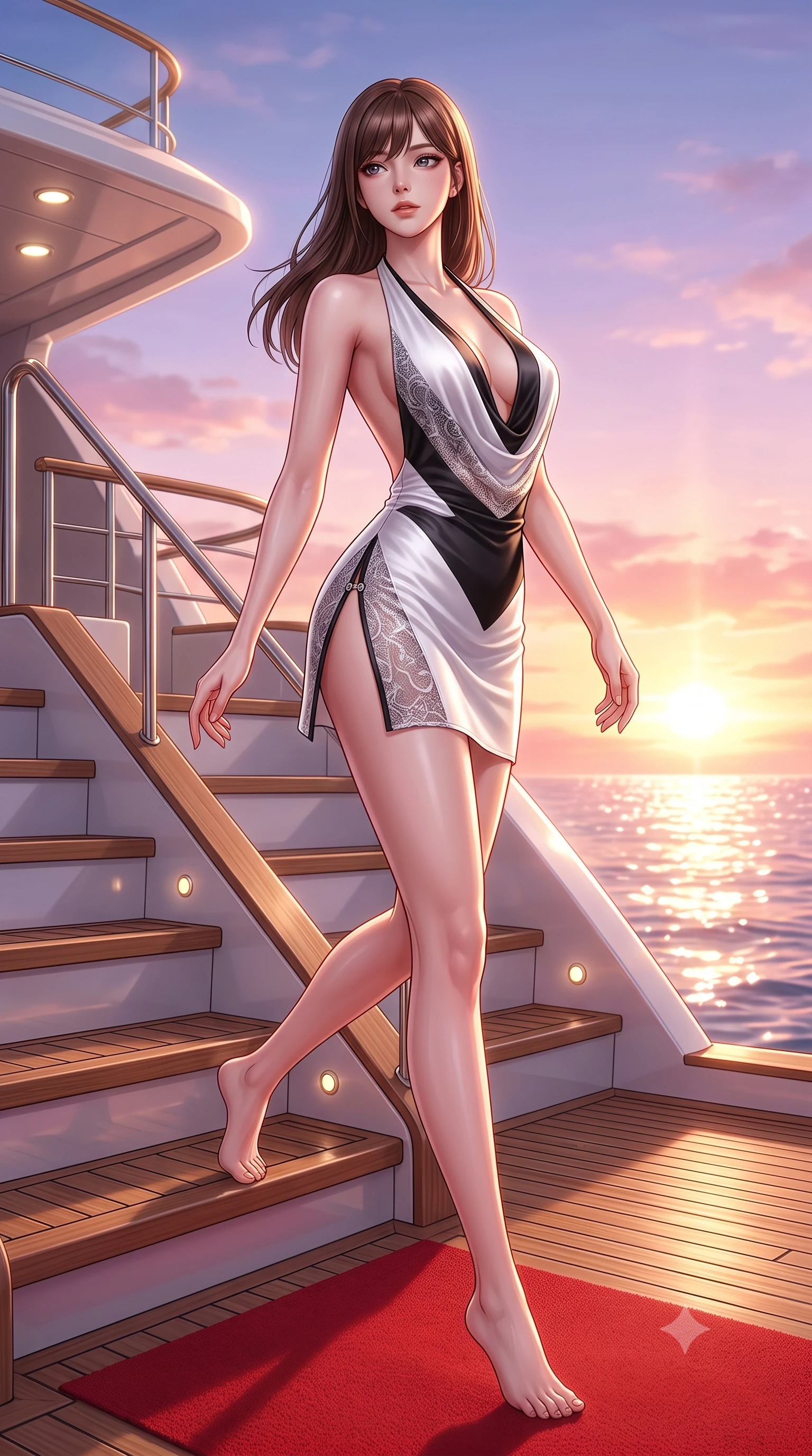 score_9, masterpiece, best quality, ultra-detailed, high-budget anime keyframe, semi-realistic 3D game render, editorial fashion photography, tasteful artistic composition, Korean woman. low angle full-body shot from head to toe showing her feet, filling the entire 9:16 vertical frame with her statuesque presence, stretching her vertical silhouette. arching her back in a fluid zero-gravity turn with sovereign grace, her long slender legs and sculpted torso creating a sweeping line while stepping gracefully down the teak yacht stairway onto a red carpet runway under glowing twilight skies. The surrounding environment is rendered in vivid detail and crisp panoramic clarity. vibrant luxury maritime aesthetic and high-fashion European glamour in panoramic sharpness. She has an absolutely perfect, statuesque 8.5-heads proportion, an exceptionally tall and slender model-like female figure with impossibly long slender legs, a toned flat midriff, and an ultra-slim waist. sharp v-shaped jawline, high-bridge nose, intricate jewel-like eyes with depth, thick eyelashes, glossy lips with a natural sheen, flawlessly proportioned anatomical accuracy, strict slender model proportions, natural body alignment, perfectly sculpted long slender limbs, ultra-slim waistline, clean dynamic posture without body distortion. wearing a form-contouring liquid satin halter-neck mini dress with a deep crossover cowl front, open back, and ultra-slender waist drape in high-gloss monochrome white and sharp black contrast, crafted from delicate dark lace interwoven with luminescent micro-fibers, finished with an ultra-high side slit secured by miniature magnetic clasps, the precision-cut daring openings accentuating her delicate midriff, graceful bare collarbones, and ultra-slim feminine waistline. bathed in warm rose-gold sunset sunbeams and sparkling ocean surface reflections. highly saturated vibrant anime colors, detailed shading with soft gradients, rich glossy textures, high-contrast stereoscopic depth, volumetric dynamic lighting, master piece, 9:16 ratio