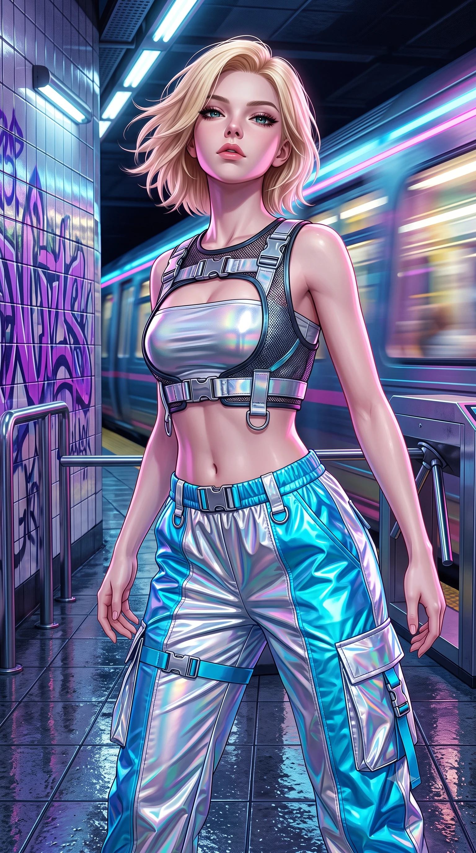 score_9, masterpiece, best quality, ultra-detailed, high-budget anime keyframe, semi-realistic 3D game render, editorial fashion photography, tasteful artistic composition, Caucasian woman. close-up cowboy shot from the waist and thighs up, the character dominates the composition, filling the frame with her large presence. tilting her chin up with proud, sovereign confidence while gazing directly into the lens with thick, dark eyelashes while pivoting sharply on the wet tiled subway platform as an incoming neon-lit maglev train rushes past in a blur of light. The surrounding environment is rendered in vivid detail and crisp panoramic clarity. intricate ultraviolet graffiti lettering, reflective tiled walls, and metallic turnstile textures in deep focus. She has an exceptionally elegant, slender, and willowy female figure with an ultra-slim waist, a gracefully sculpted slender torso, toned flat midriff, and a refined slim silhouette. sharp v-shaped jawline, high-bridge nose, intricate jewel-like eyes with depth, thick eyelashes, glossy lips with a natural sheen, captivating and magnetic expression, flawlessly proportioned anatomical accuracy, strict slender model proportions, natural body alignment, perfectly sculpted long slender limbs, ultra-slim waistline, clean dynamic posture without body distortion. wearing a futuristic cropped tech-harness vest worn over a silver reflective tube top and high-rise metallic parachute cargo pants in holographic silver and electric cyan, crafted from high-gloss metallic ripstop nylon and flexible carbon mesh, detailed with heavy-duty chrome quick-release buckles and D-ring straps edition #31, the sleek tailored cut tightly hugging her graceful clavicle, narrow waist, and feminine curves with statuesque precision. surrounded by an edgy, electrifying, and irresistibly cool cyber-street idol aura. highly saturated vibrant anime colors, detailed shading with soft gradients, rich glossy textures, high-contrast stereoscopic depth, volumetric dynamic lighting, master piece, 9:16 ratio