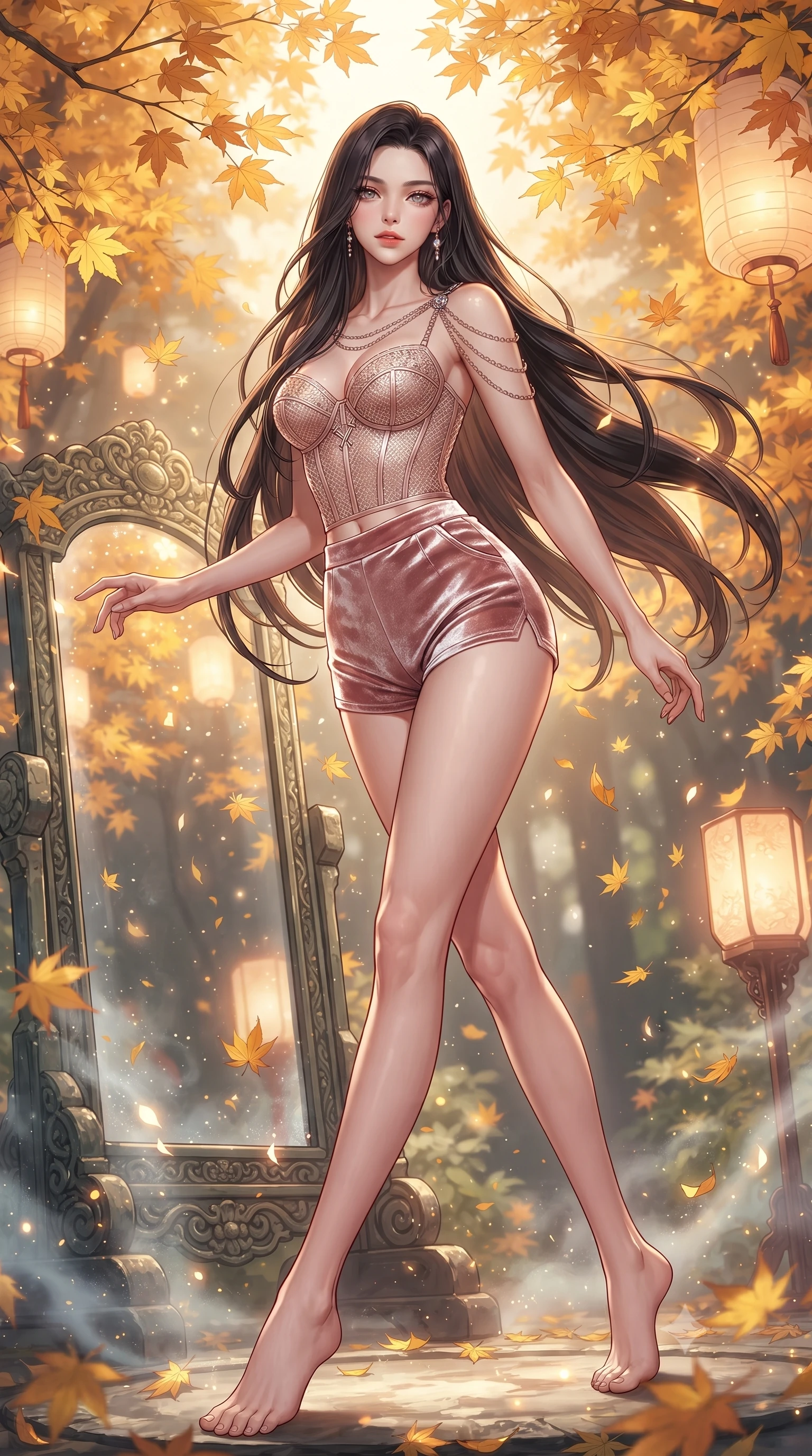 score_9, masterpiece, best quality, ultra-detailed, high-budget anime keyframe, editorial fashion photography, tasteful artistic composition, Korean woman. low angle full-body shot from head to toe showing her feet, filling the entire 9:16 vertical frame with her statuesque presence, stretching her vertical silhouette. navigating the luminous space with effortless poise, displaying her perfect model proportions resting near a sacred mirror altar under a canopy of golden autumn maple leaves, floating autumn leaves and glowing mist motes adding serene magic. She has an absolutely perfect, statuesque 8.5-heads proportion, an exceptionally tall and slender model-like female figure with impossibly long slender legs and an ultra-slim waist. sharp v-shaped jawline, high-bridge nose, intricate jewel-like eyes with depth, thick eyelashes, glossy lips with a natural sheen. wearing a delicate see-through mesh top with structured cup boning and micro-shorts in pearl white and rose gold, made of premium stretch velvet with a rich sheen, adorned with delicate metallic chain straps along the neckline, the sleek second-skin texture accentuating her magnetic presence. illuminated by soft glowing paper lantern light and warm sunbursts. highly saturated vibrant anime colors, detailed shading with soft gradients, rich glossy textures, high-contrast stereoscopic depth, volumetric dynamic lighting, master piece, 9:16 ratio