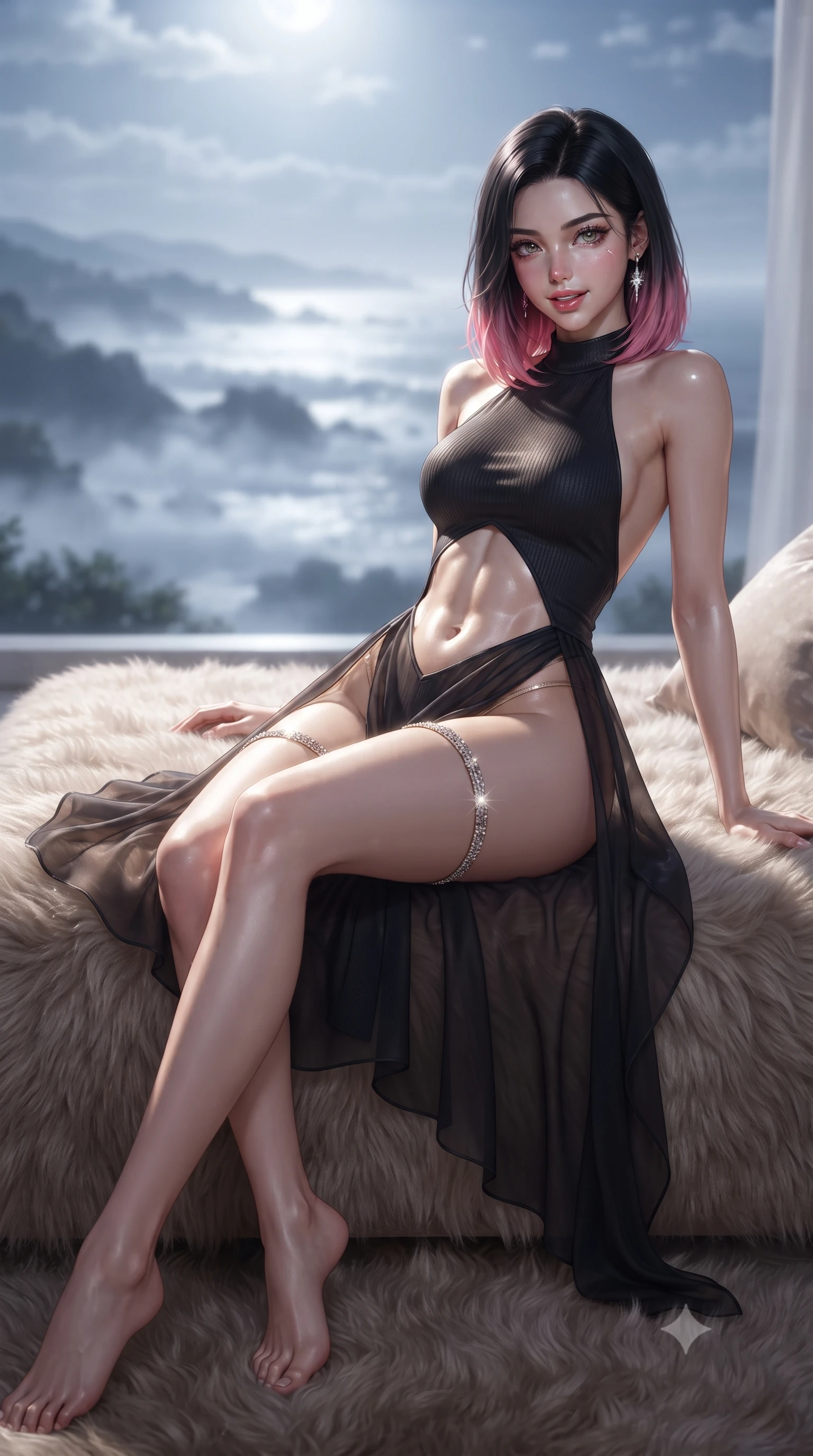score_9, masterpiece, best quality, ultra-detailed, high-budget anime keyframe, editorial fashion photography, tasteful artistic composition, Korean woman. low angle full-body shot from head to toe showing her feet, filling the entire 9:16 vertical frame with her statuesque presence, stretching her vertical silhouette. lounging on the lavish daybed with legs crossed and hips angled toward the camera, displaying her toned midriff and long slender limbs with effortless siren poise while twisting her slender torso in an alluring contrapposto stance, moonlight carving sharp highlights across her flat midriff and curvy hips. The background shows a soft-focus floating mist layers over the coastline softened in romantic high-altitude shallow focus. She has an absolutely perfect, statuesque 8.5-heads proportion, an exceptionally tall and slender model-like female figure with impossibly long slender legs, an ultra-slim waist, a flat toned midriff, narrow delicate ribcage, and beautifully sculpted feminine hips creating a graceful, slim hourglass silhouette without any bulky heaviness. sharp v-shaped jawline, high-bridge nose, sparkling eyes with hypnotic seductive depth, thick curled eyelashes, glossy parted lips with a natural dewy peach sheen, alluring bedroom-eyes with an enchanting coquettish smile, exuding magnetic siren charisma and sophisticated glamour, flawlessly proportioned anatomical accuracy, strict slender model proportions, natural body alignment, perfectly sculpted long slender limbs, ultra-slim waistline, clean dynamic posture without body distortion. wearing a liquid-tight backless silk halter leotard styled with a sheer wrap overskirt revealing her long slender legs and hip curve in midnight obsidian black and shimmering liquid champagne gold, tailored from fine ribbed modal knit with gentle elastic contouring and soft hand-feel, accented with a delicate crystal-encrusted thigh garter strap glinting under the lights, the precision-cut side openings and low-back scoop framing her graceful spine and the sensual sweep of her slim, toned hips. bathed in brilliant horizontal moonlight sweeping across the ocean surface. ultra-reflective glossy finish, specular highlights, rich textural contrasts, high-contrast stereoscopic depth, volumetric dynamic lighting, 2k, ultra detail, master piece, 9:16 ratio
