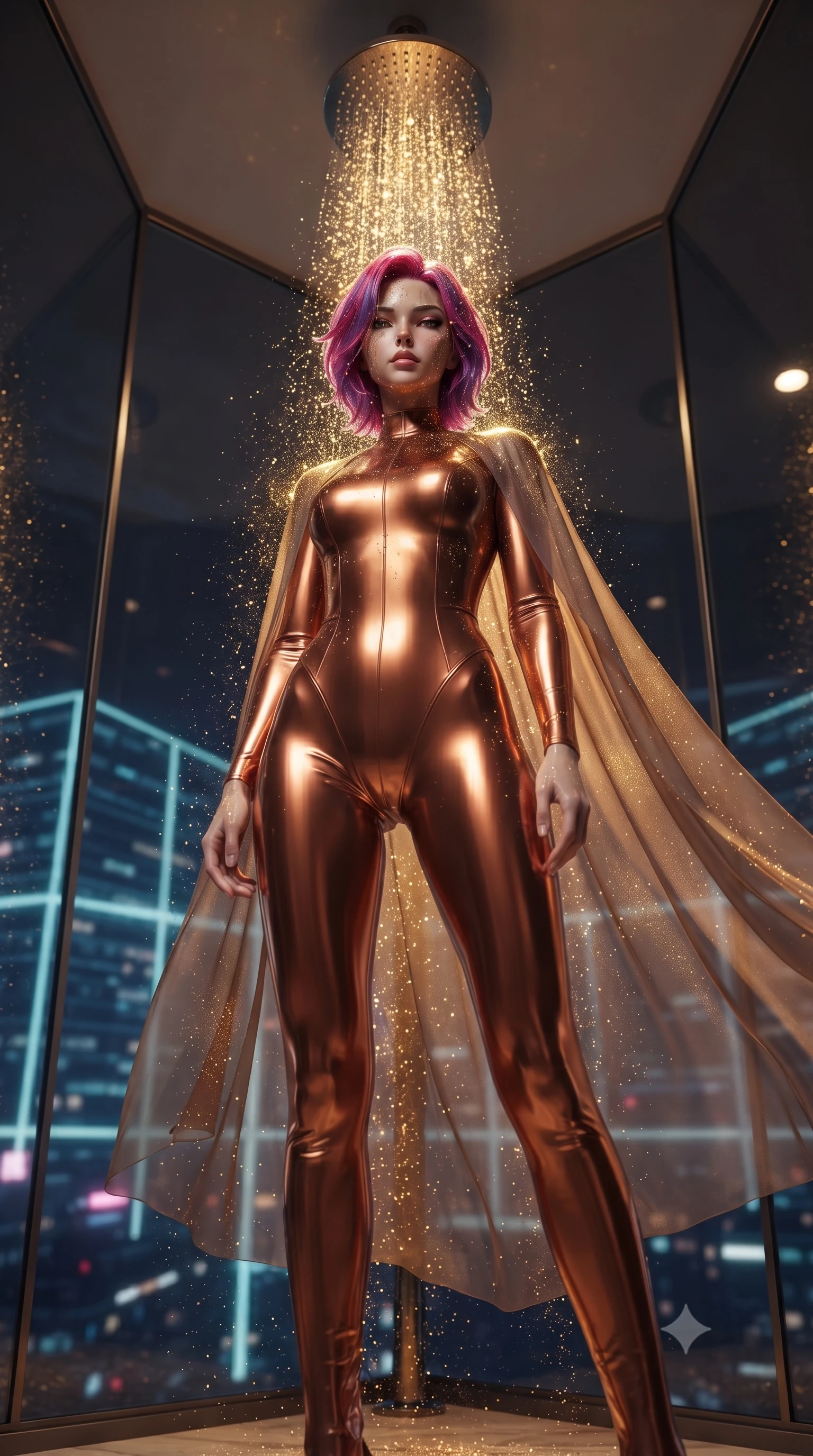 score_9, masterpiece, best quality, ultra-detailed, High-budget Anime Keyframe, editorial fashion photography, tasteful artistic composition, realistic cosplay photography, Caucasian woman, strictly human ears. Low angle cowboy shot filling the entire 9:16 frame with her statuesque presence. Scenario 487: showering under a cascade of glittering gold stardust inside a luxury penthouse with floor-to-ceiling glass walls overlooking a neon grid. Her presence is magnetic and overpowering in this high-budget cinematic scene. Outfit 487: a form-contouring metallic copper matte vinyl jumpsuit draped with a semi-transparent chiffon cape. The clothing is designed to emphasize her exceptionally tall and slender 8-heads proportion. 8-heads proportion, towering silhouette, ultra-slim waist. sharp v-shaped jawline, intricate jewel-like eyes with depth, thick eyelashes, glossy lips. ultra-reflective glossy finish, specular highlights, metallic sheen, high-contrast stereoscopic depth, volumetric dynamic lighting, 2k, ultra detail, master piece, 9:16 ratio
