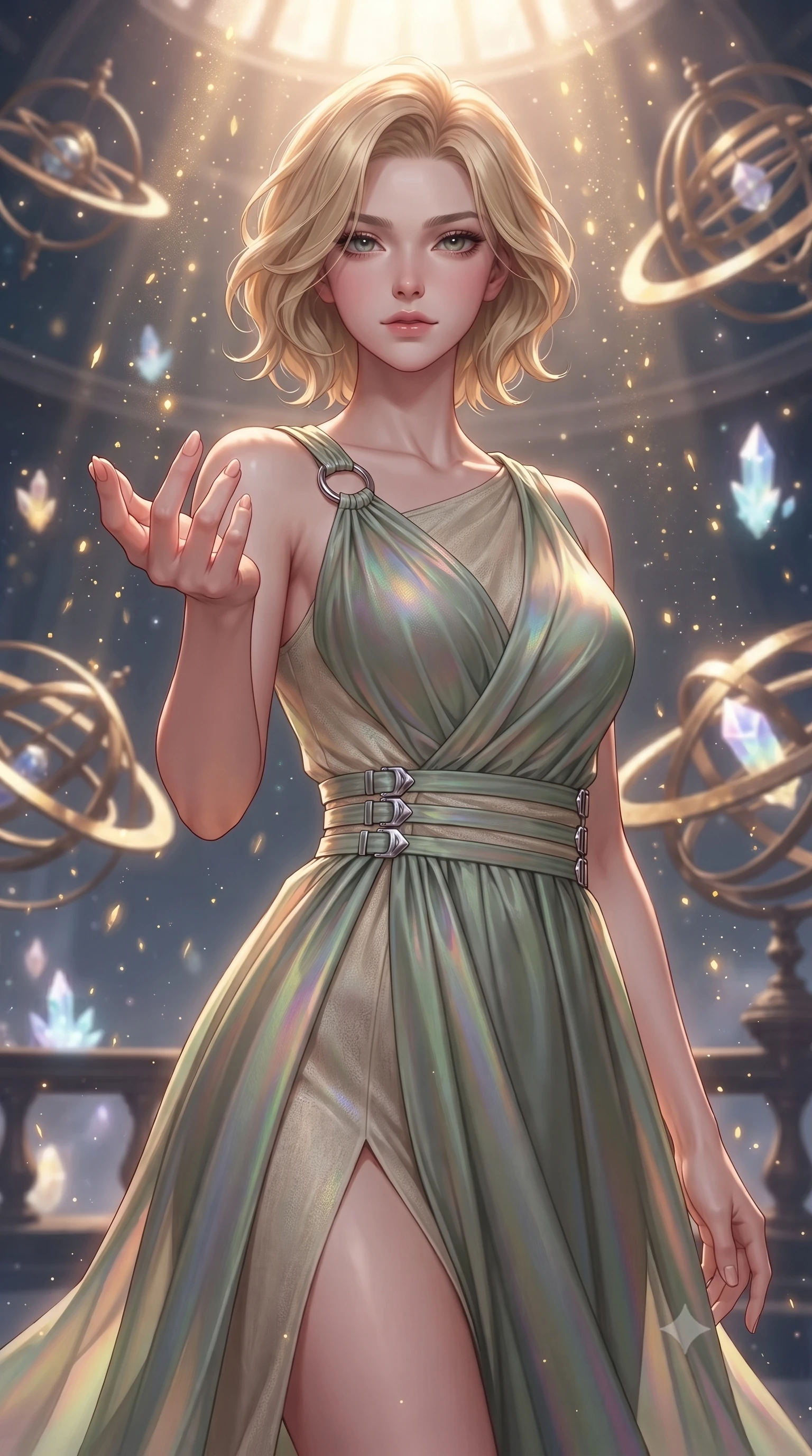 score_9, masterpiece, best quality, ultra-detailed, high-budget anime keyframe, editorial fashion photography, tasteful artistic composition, Caucasian woman. close-up cowboy shot from the waist and thighs up, the character dominates the composition, filling the frame with her large presence, background elements kept in soft focus. Reaching one hand gracefully toward the viewer with effortless superiority and allure surrounded by floating armillary spheres and glowing starlight crystals, starlight particles falling like a golden shower around her. She has an exceptionally elegant, slender, and willowy female figure with an ultra-slim waist, a gracefully sculpted slender torso, and a refined silhouette. sharp v-shaped jawline, high-bridge nose, intricate jewel-like eyes with depth, thick eyelashes, glossy lips with a natural sheen. wearing an asymmetrical Grecian draped chiffon gown with a metallic shoulder ring in sage green and oatmeal, crafted from iridescent chiffon that shifts colors in the light, detailed with polished silver buckles along the waistline, the form-contouring material highlighting her ultra-slim waist and long lines. bathed in warm sunbursts filtering through floating orbital rings. highly saturated vibrant anime colors, detailed shading with soft gradients, rich glossy textures, high-contrast stereoscopic depth, volumetric dynamic lighting, master piece, 9:16 ratio